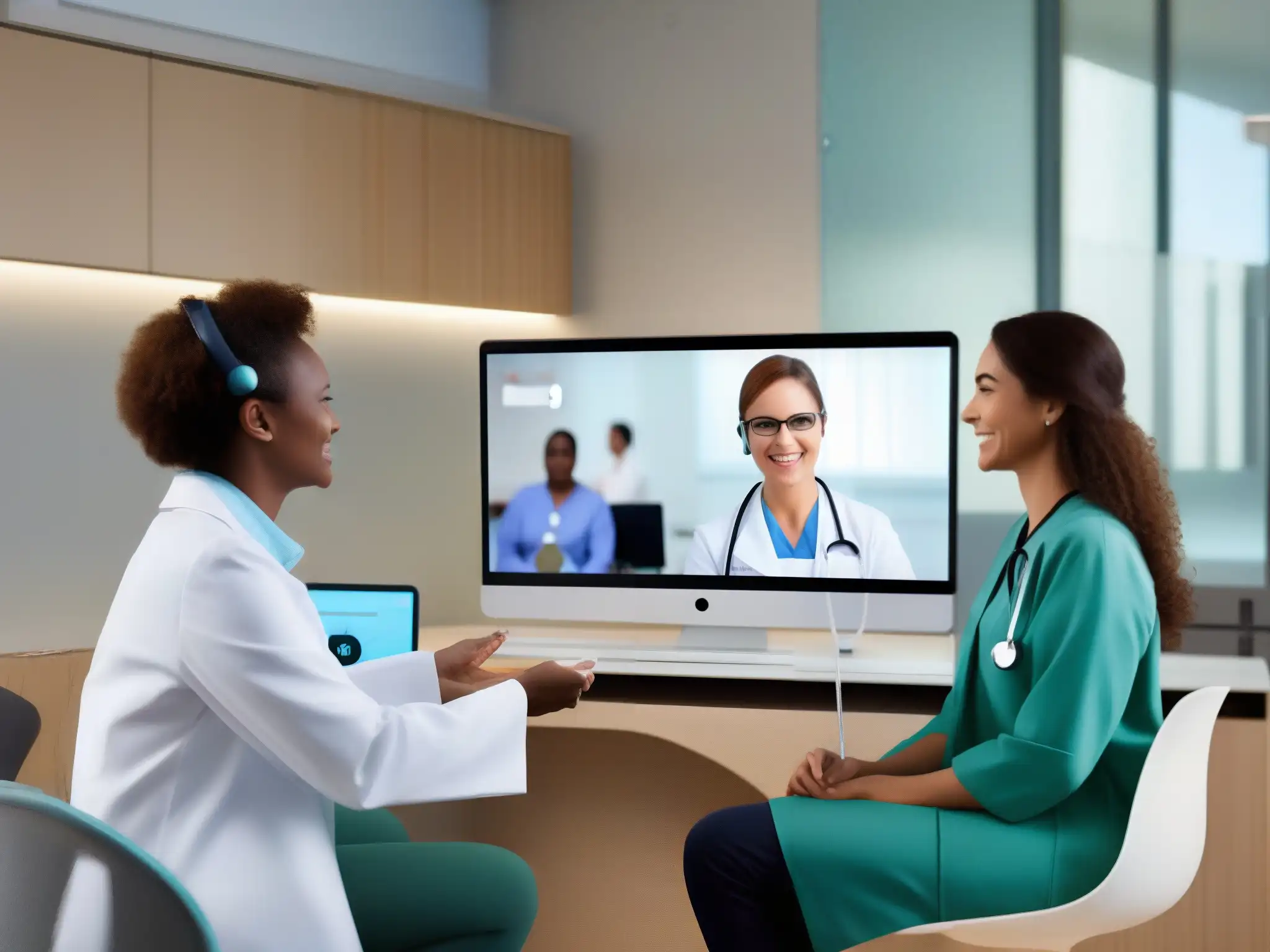 Consulta médica virtual en hospital moderno con Webex Consulta médica virtual vía Webex en moderna habitación hospitalaria
