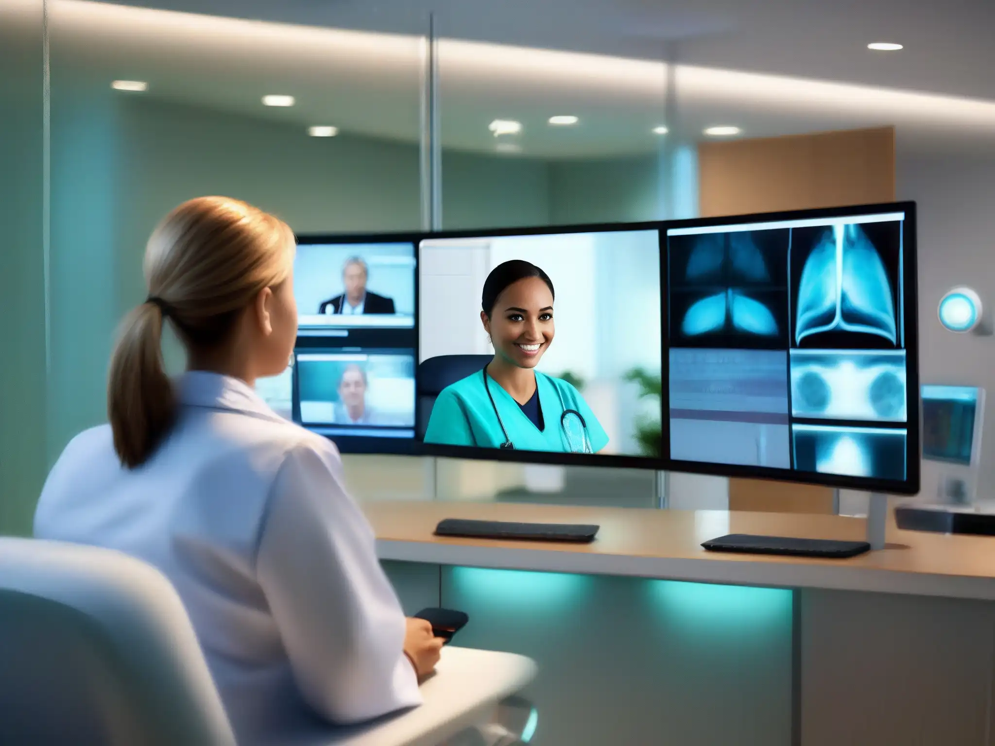 Conferencia médica digital en habitación hospitalaria moderna Una consulta médica por videoconferencia en un hospital moderno, fusionando tecnología y cuidado médico