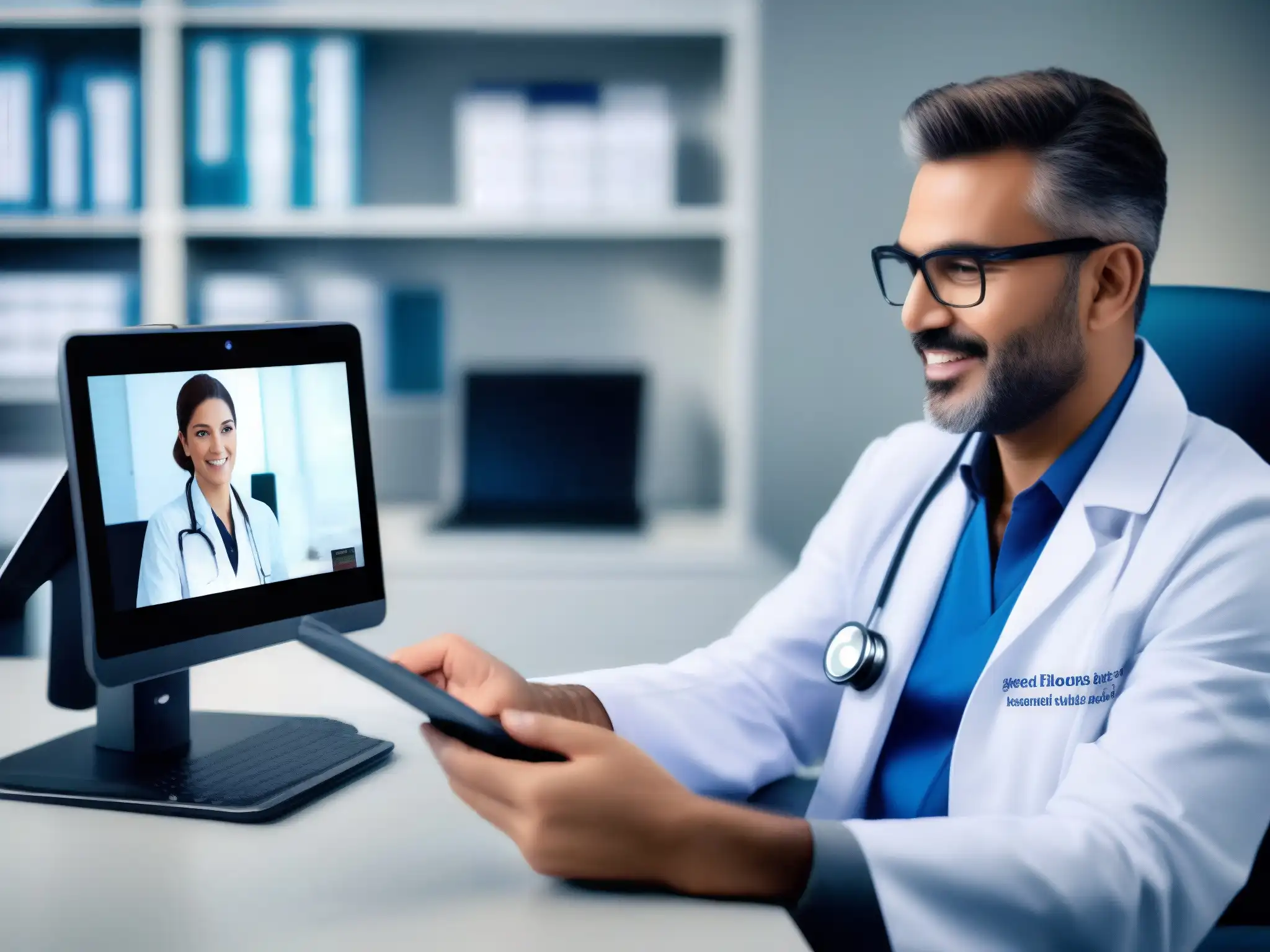 Consulta médica virtual: profesionalismo y eficiencia en telemedicina Una consulta de videoconferencia para telemedicina, con un doctor tomando notas en una tableta mientras el paciente describe sus síntomas