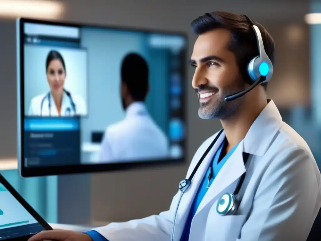Consulta médica virtual en oficina moderna Consultas médicas con tecnología de videoconferencia: doctor atento escucha al paciente en moderna oficina médica