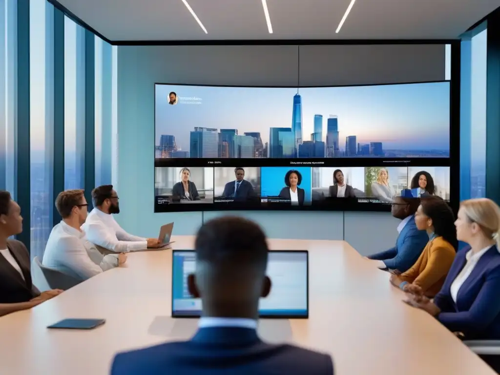 Reunión virtual de consultoría: profesionalismo dinámico Consultor lidera reunión virtual con equipo diverso