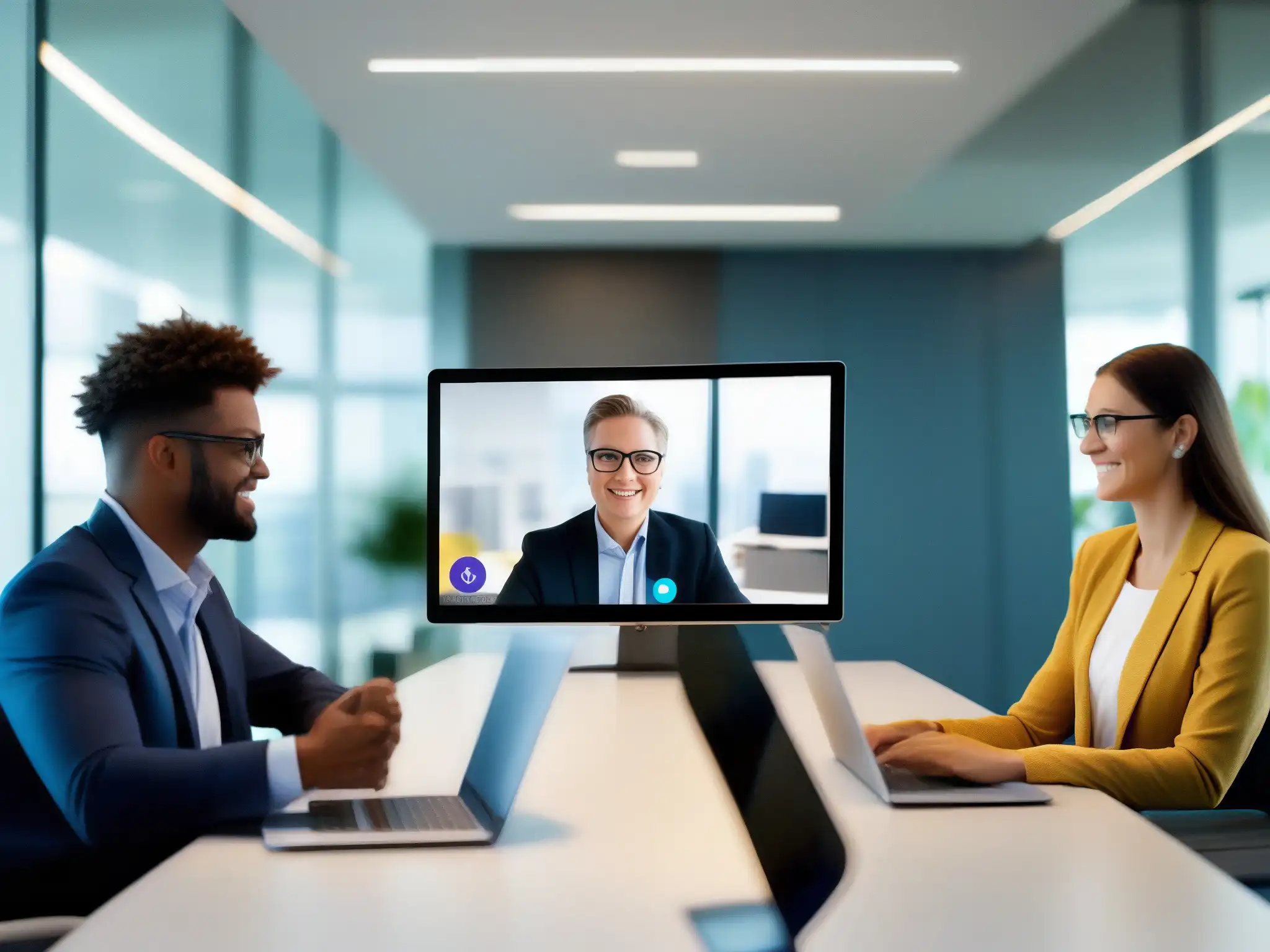 Un consultor se comunica por videoconferencia y en persona en un entorno profesional, mostrando la comparativa de productividad en consultorías