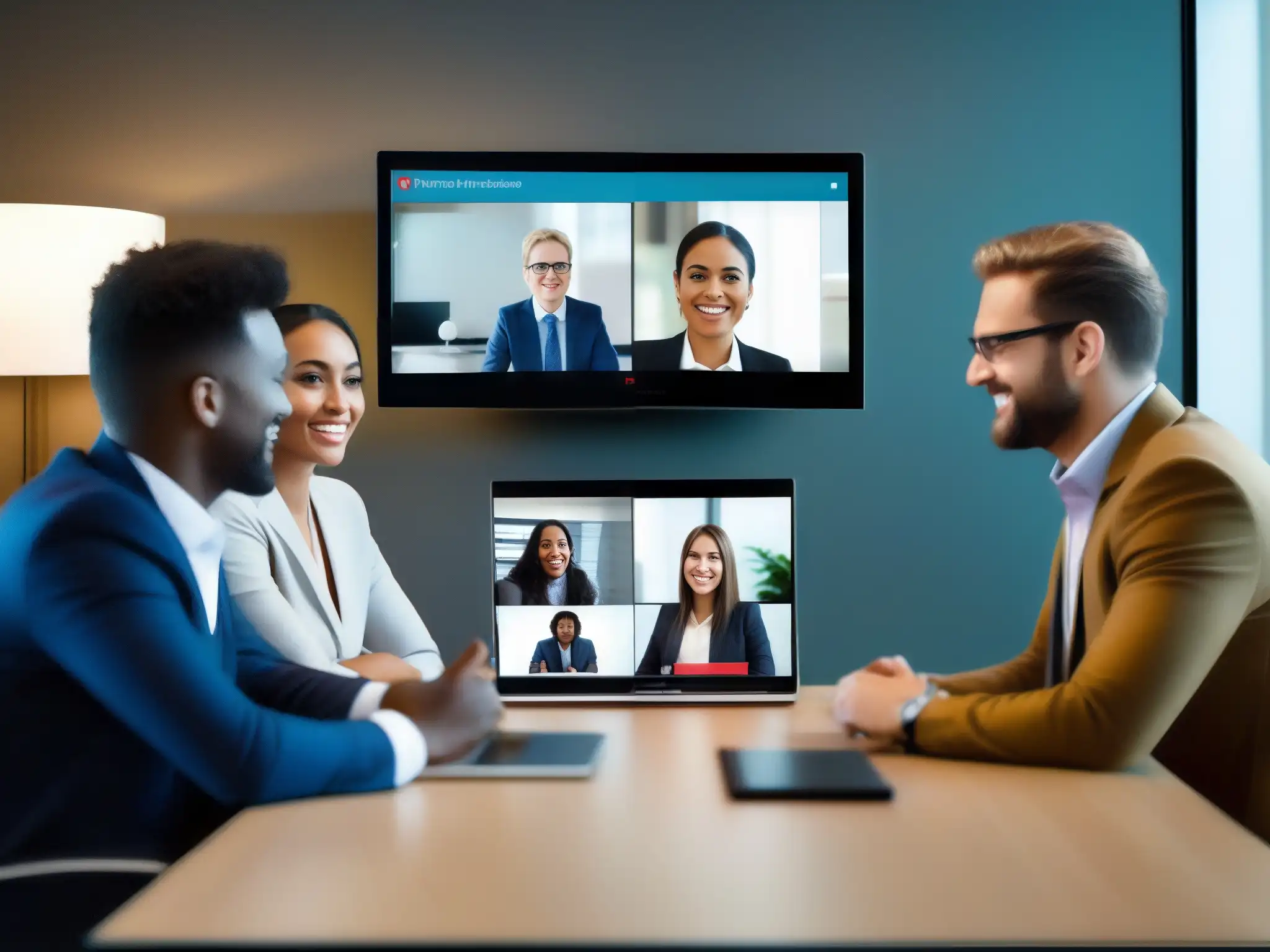Consultores colaborando con Pexip: eficiencia y tecnología Consultores colaborando con éxito usando Pexip en consultoría, reflejando productividad y tecnología moderna