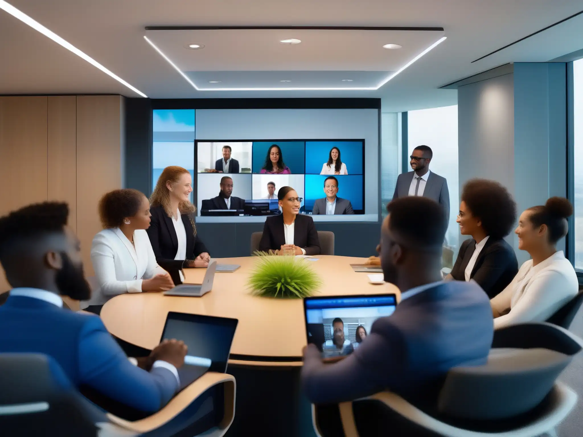 Consultores colaborando en videoconferencia, mostrando eficiencia y profesionalismo