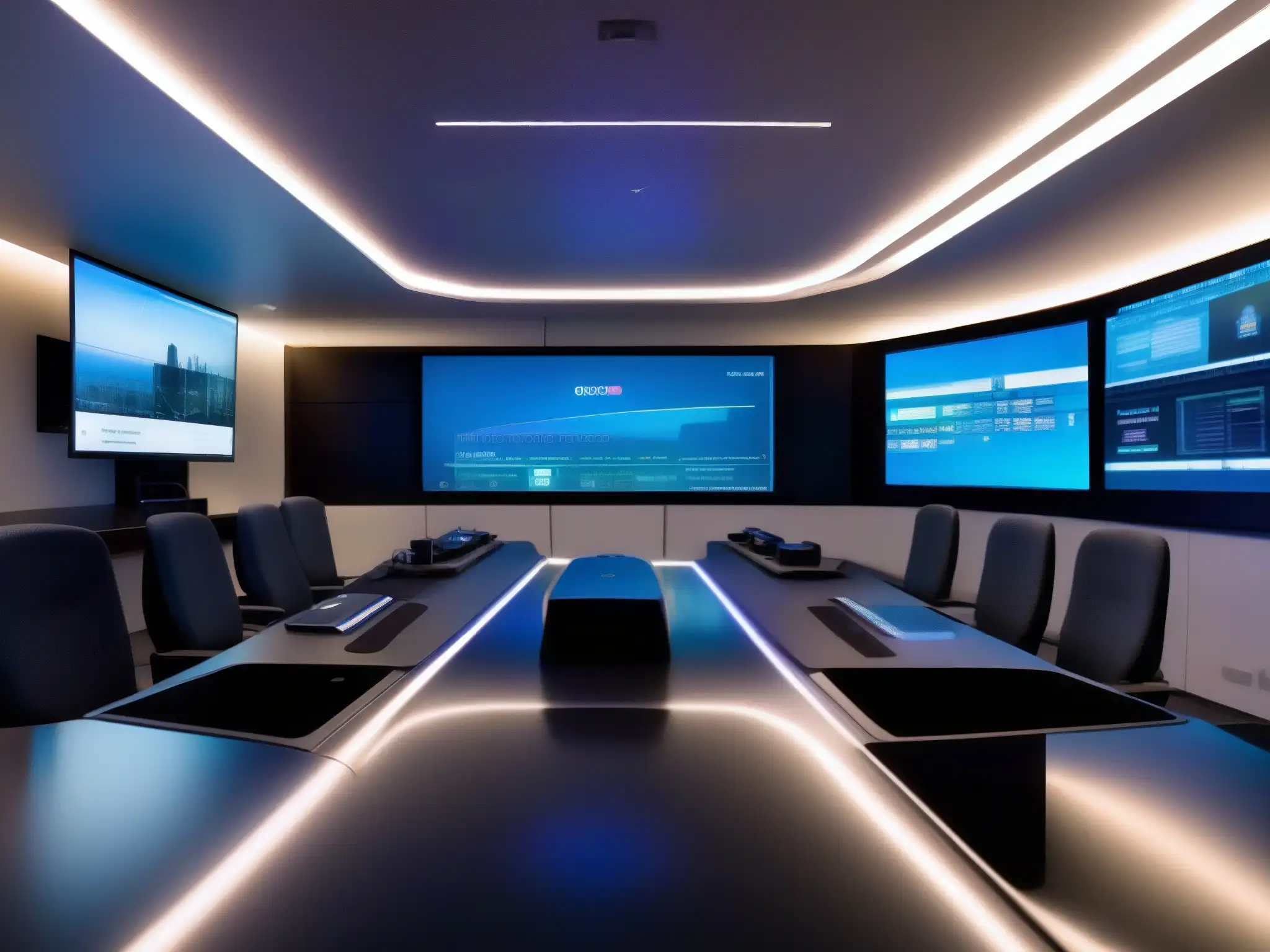 Centro de Control de Videoconferencias Futurista Control de accesos en videoconferencias en un centro de mando futurista con interfaces dinámicas y profesionales gestionando protocolos