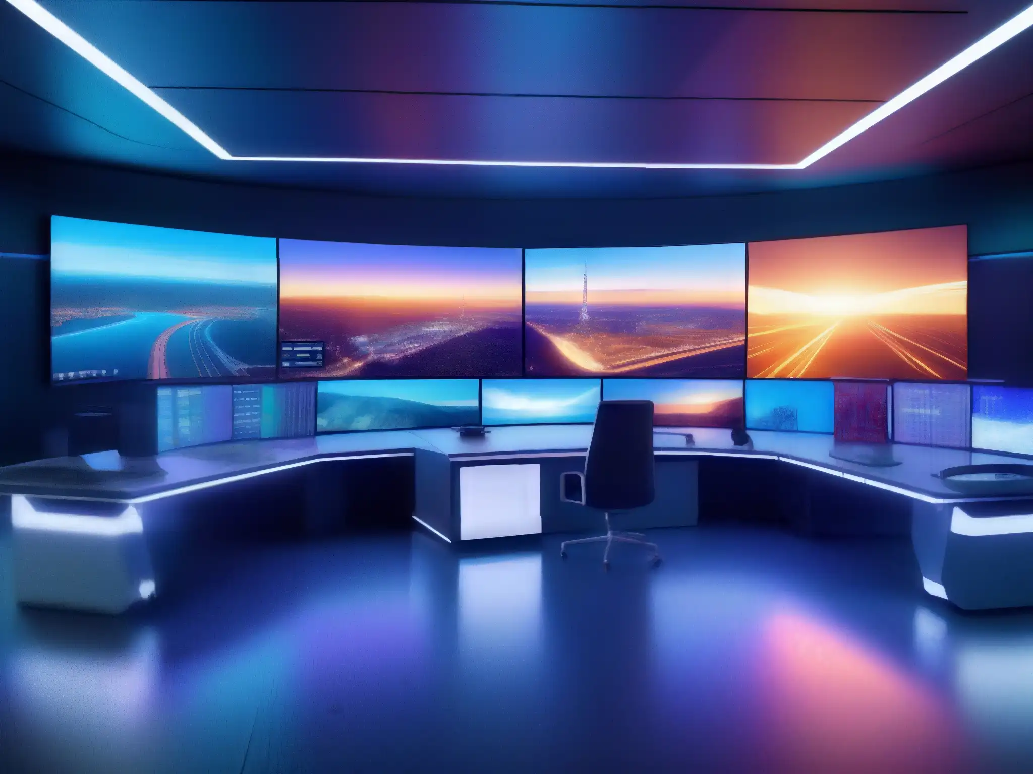 Sala de control de energía ultradetallada en 8k con tecnología futurista Control de energía moderno con comunicaciones seguras en videoconferencia y pantallas de datos en tiempo real, ambiente profesional hightech