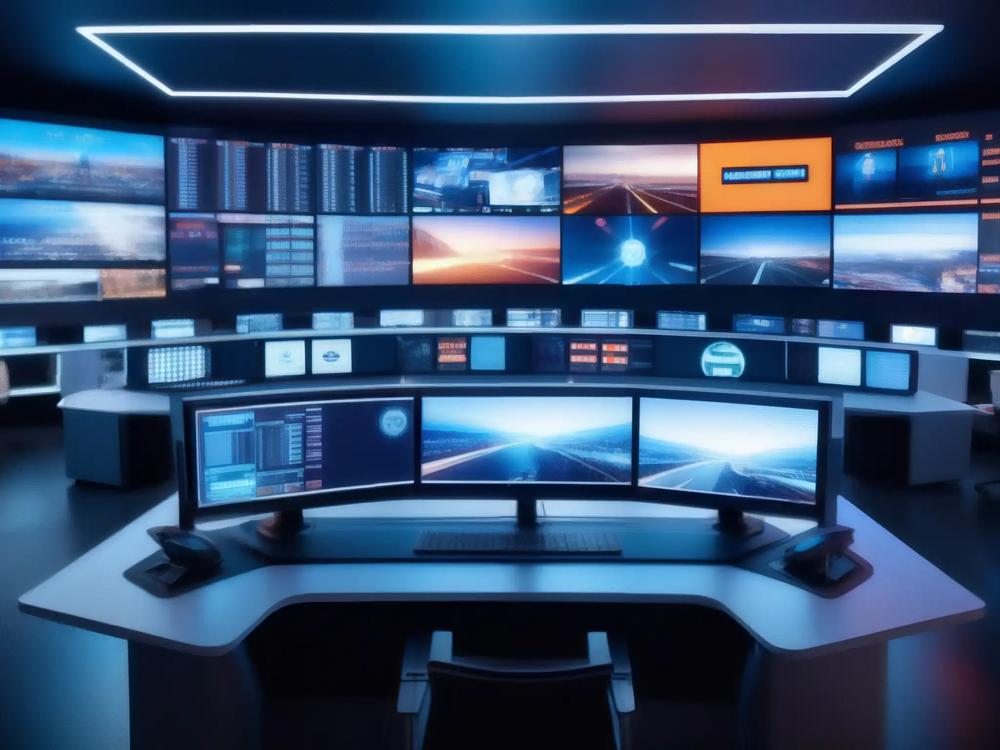 Sala de control ultramoderna: vigilancia y tecnología de vanguardia Control room futurista con tecnología de vanguardia y profesionales de ciberseguridad