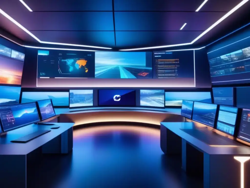Sala de control futurista y eficiente con tecnología de vanguardia en 8K Control room futurista con tecnología de vanguardia y videoconferencias