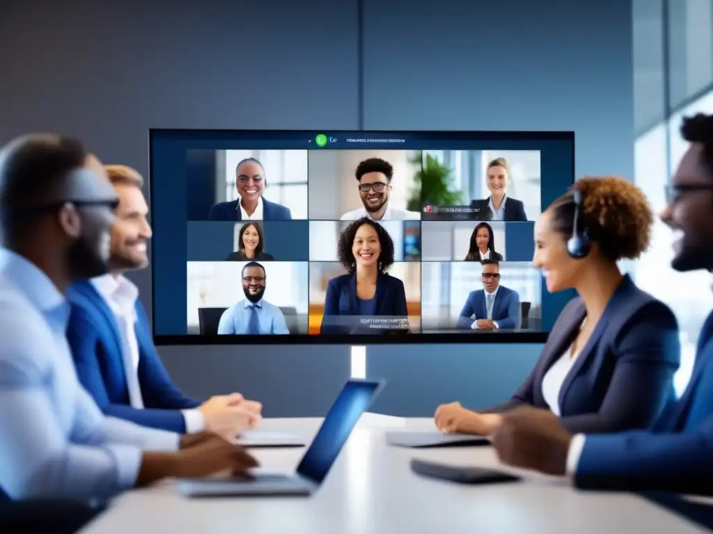 Videoconferencia profesional con diversidad de expresiones Derechos legales grabación videoconferencia: Profesionales en reunión virtual, en una oficina moderna y tecnológica