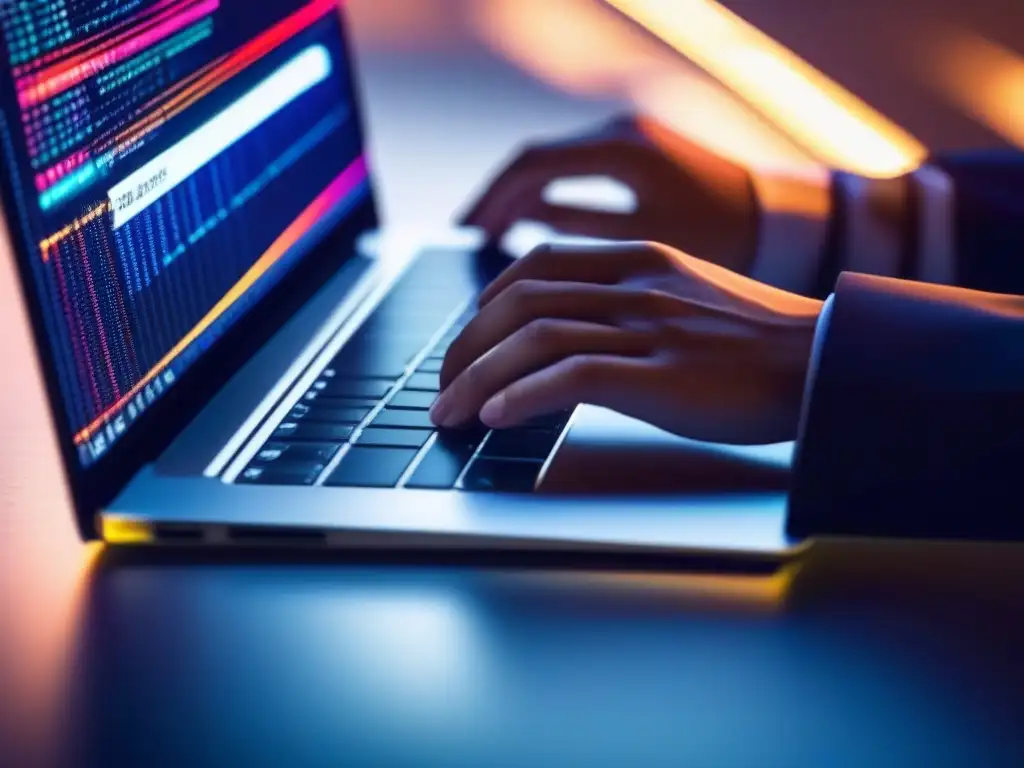 Desarrollador experto en acción: codificación profesional Un desarrollador teclea código en un elegante portátil, creando una atmósfera profesional
