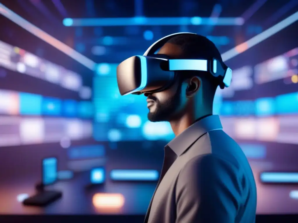 Desarrollador VR en red de integración tecnológica Desarrollador interactuando con hologramas y código, representando la complejidad de las plataformas de videoconferencia con SDKs