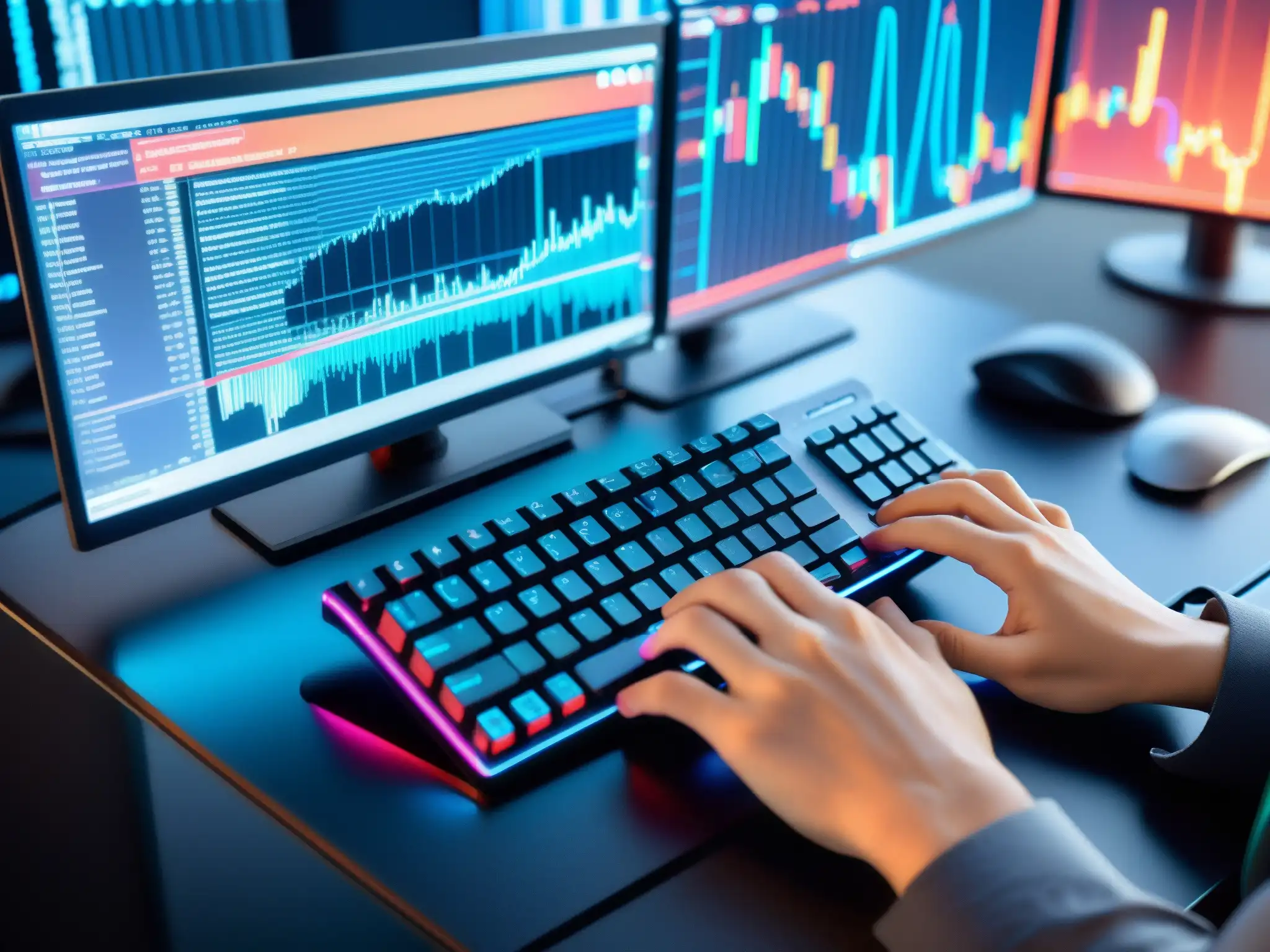Manos de desarrollador en acción: codificación futurista Un desarrollador teclea en un moderno teclado mientras monitores muestran complejas técnicas de compresión para conferencias eficientes