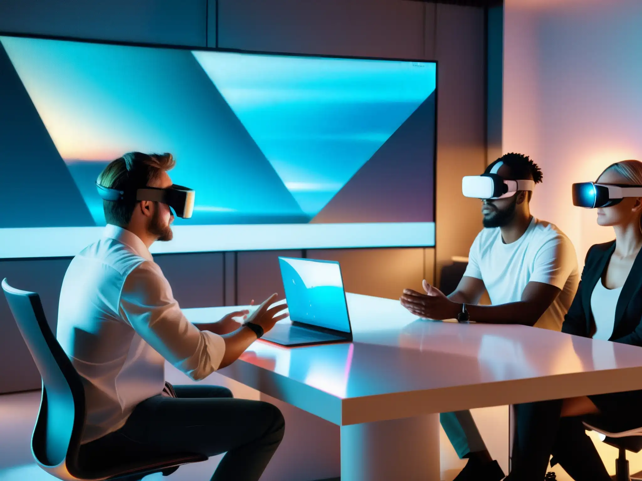 Desarrolladores innovando en software de videoconferencia Desarrolladores colaborando en interfaz de videoconferencia 5G con tecnología holográfica y realidad virtual, en ambiente profesional y moderno