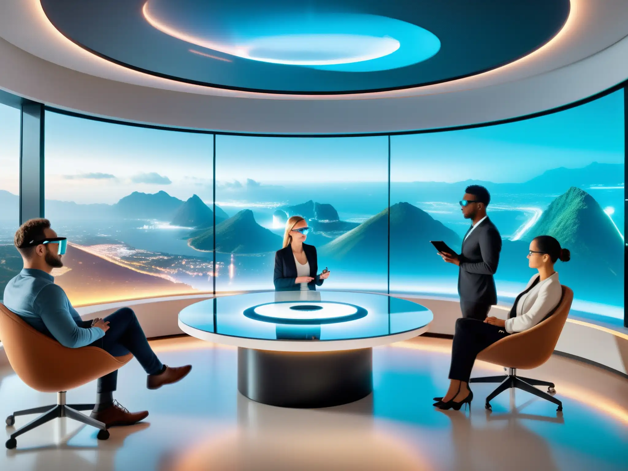 Desarrolladores en realidad aumentada: Colaboración innovadora Desarrolladores en oficina futurista con videoconferencias y realidad aumentada, colaborando con pantallas holográficas y gafas AR