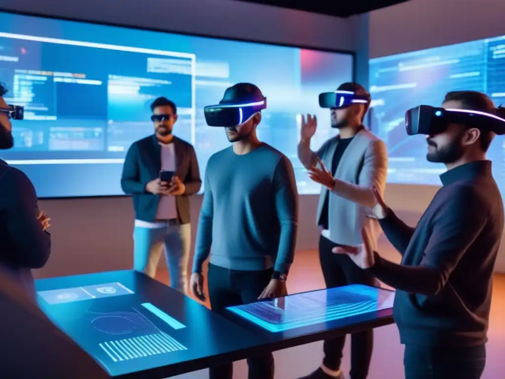 Equipo de desarrolladores creando prototipo virtual con AR Desarrolladores en videoconferencias de realidad aumentada, colaborando en un entorno futurista con hologramas y líneas de código
