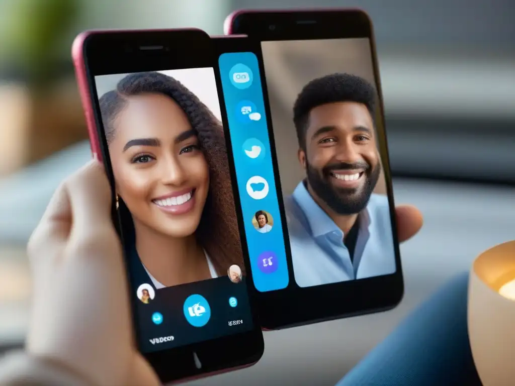 Comparación detallada: Skype vs Comparación detallada de Skype y FaceTime en llamadas personales, destacando diseño y calidad de video en pantalla dividida del smartphone