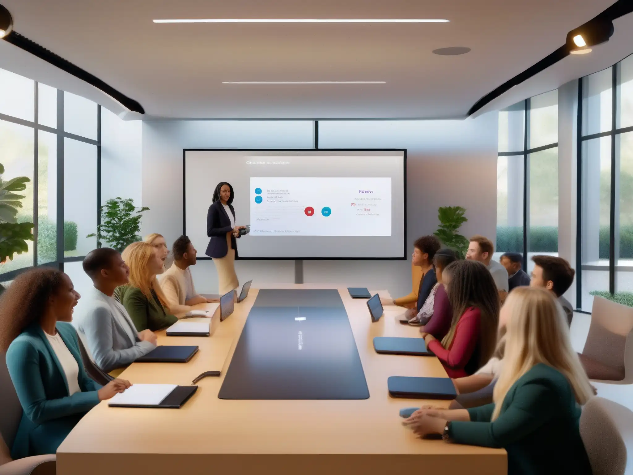 Videoconferencia educativa en Stanford: conectividad e innovación Una detallada imagen 8k de aula virtual con estudiantes diversos usando API personalizada para videoconferencia educativa en Stanford