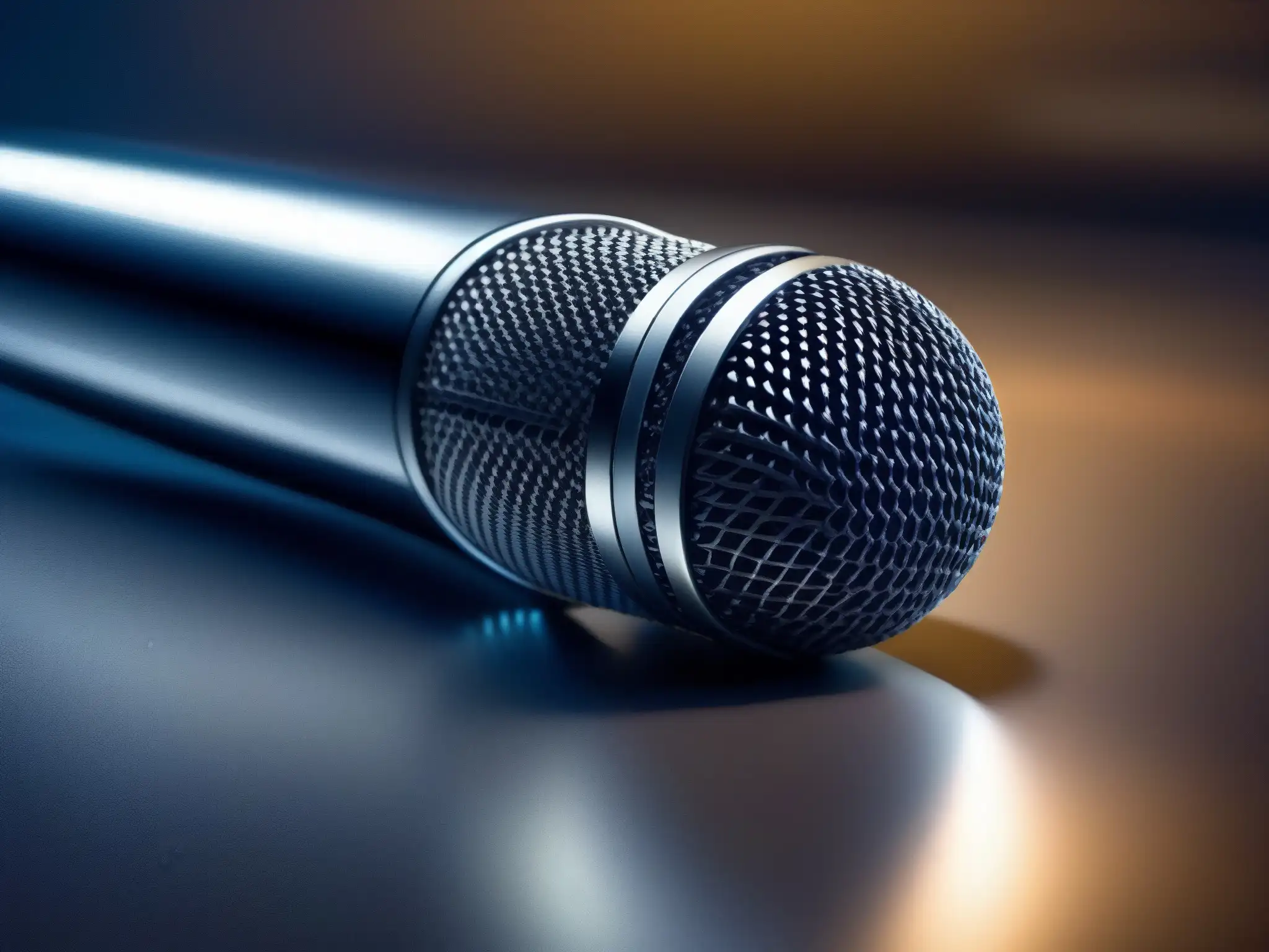 Micrófono profesional de alta resolución: luces, texturas y elegancia Detallada imagen de un elegante micrófono profesional, resaltando la integración de alta calidad de audio en videoconferencia