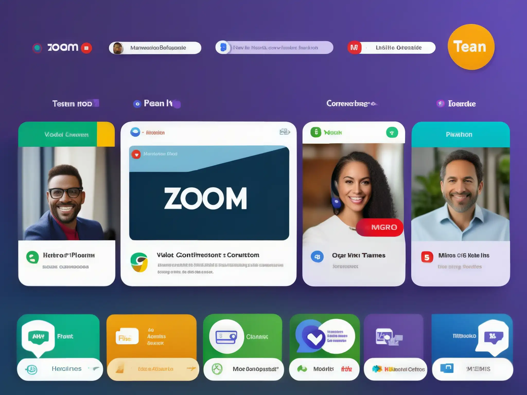 Comparación de Interfaces: Zoom, Microsoft Teams, Google Meet y Cisco Webex Un detallado análisis comparativo de las herramientas de videoconferencia con interfaces modernas y colores vibrantes