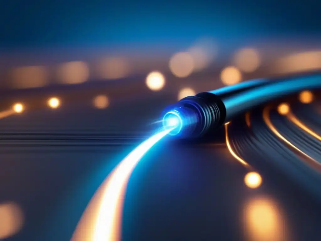 Detalles precisos de cable de fibra óptica en alta resolución Detalle de cable de fibra óptica transmitiendo luz, garantizando transmisión estable videoconferencias