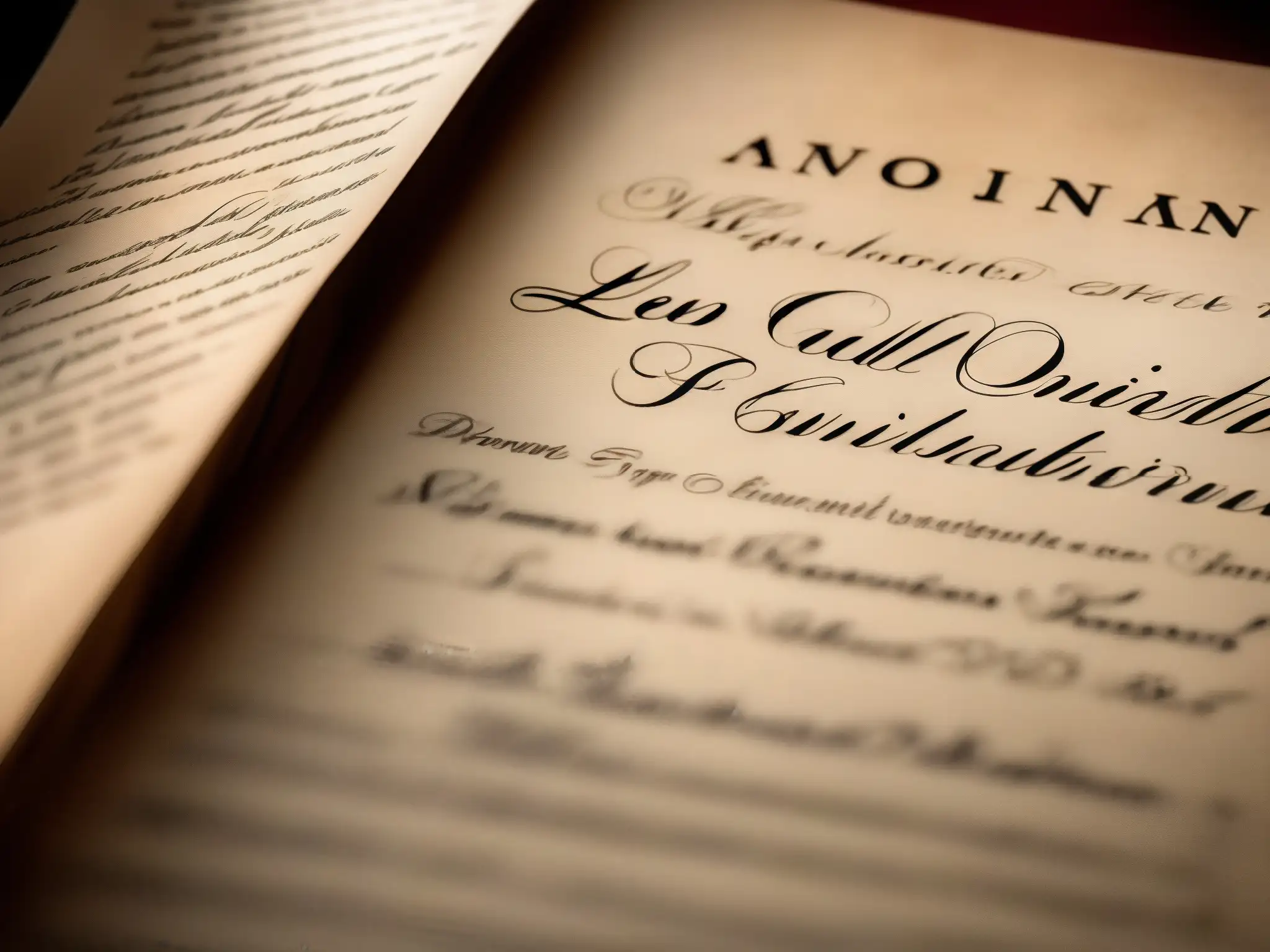 Detalle impactante de un documento legal antiguo Detalle detallado de documento legal con texto manuscrito, sellos oficiales y firmas, bajo cálida iluminación natural