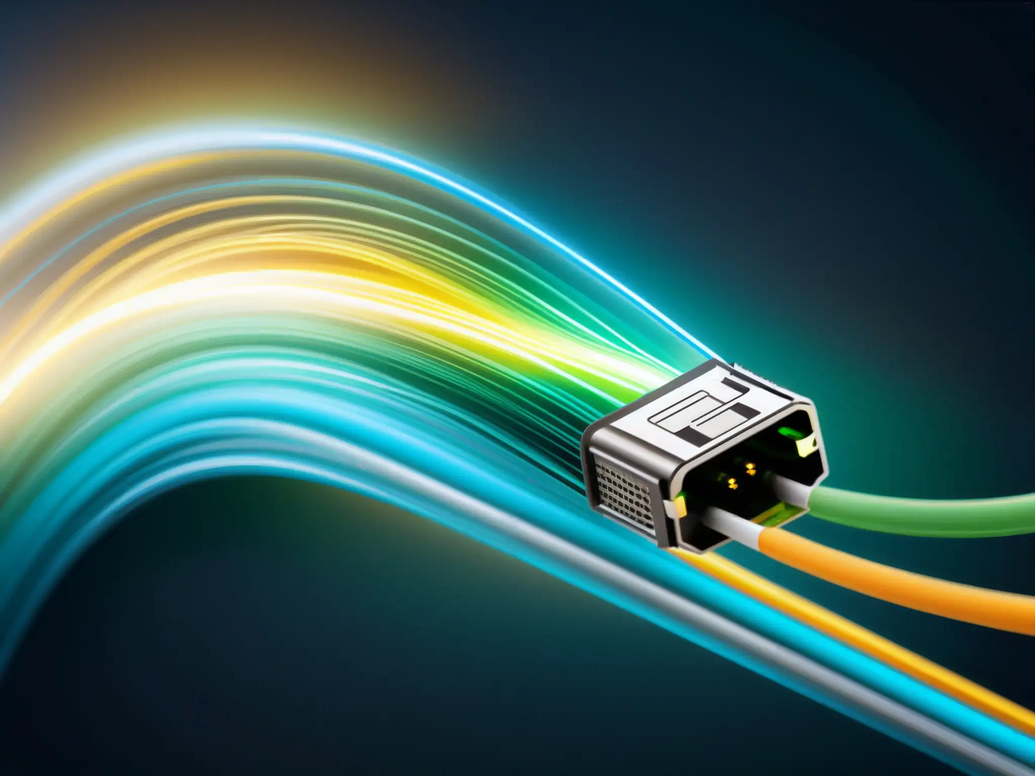 Conexión de fibra óptica: red de transmisión de datos con pulsos de luz Detalle de conexión de fibra óptica para videoconferencias de alta calidad