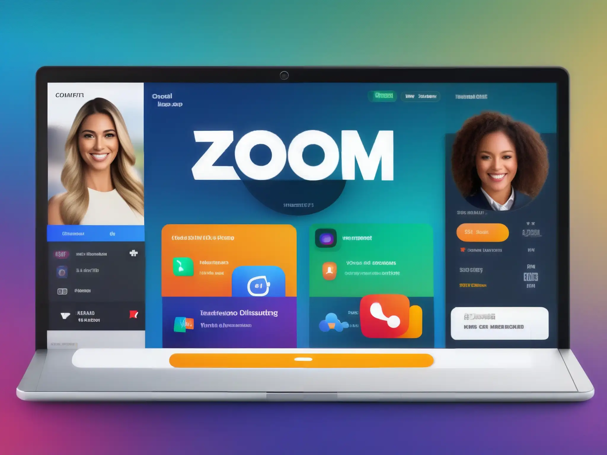 Interfaz de Zoom en alta resolución: funciones y diseño moderno Detalle de la interfaz de Zoom con opciones de galería, compartición de pantalla y chat