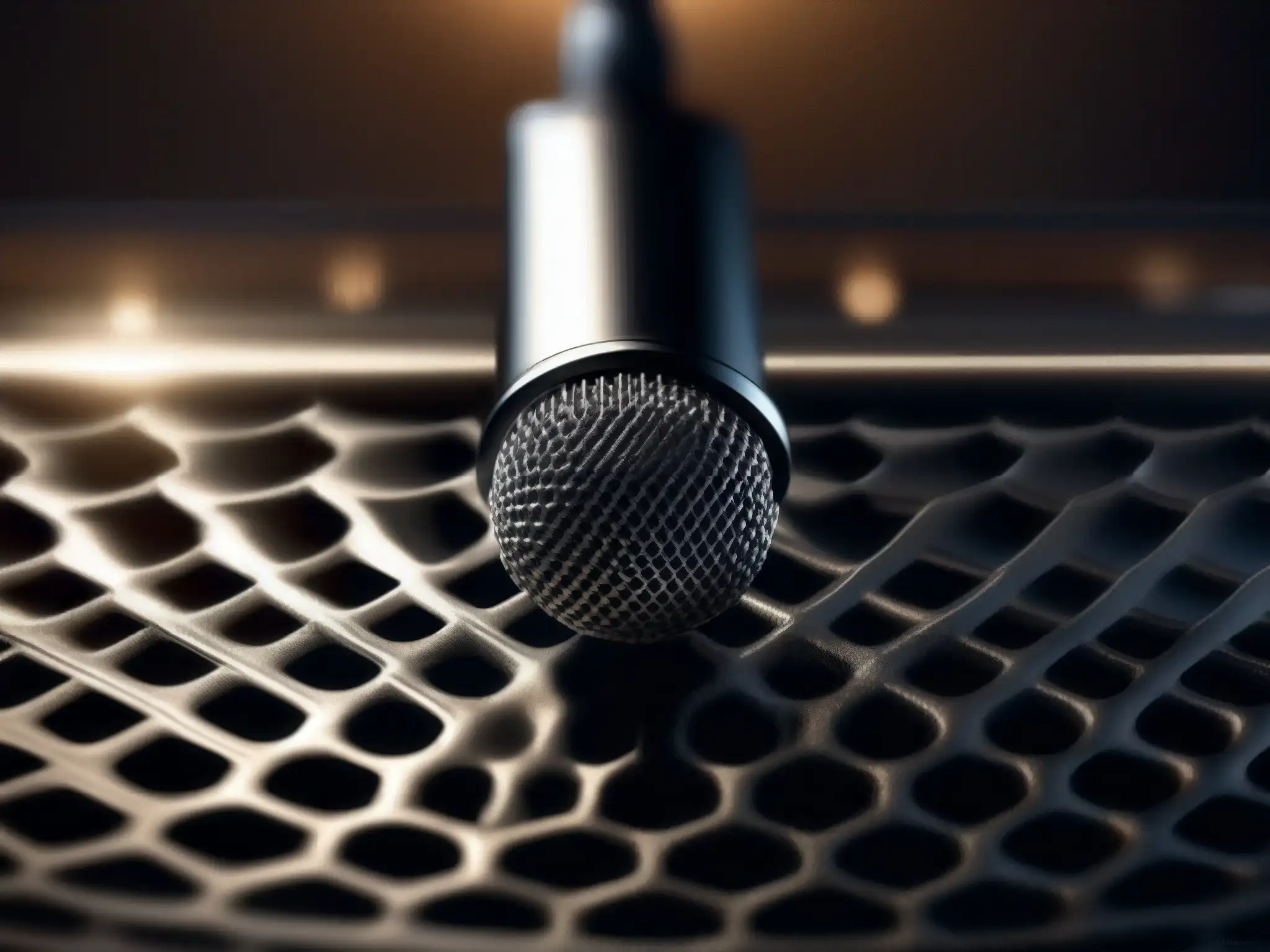 Micrófono de alta gama: detalle ultrarrealista del diseño moderno Detalle de un micrófono de alta gama, resaltando su diseño moderno y calidad profesional para mejorar la calidad de audio en videoconferencias