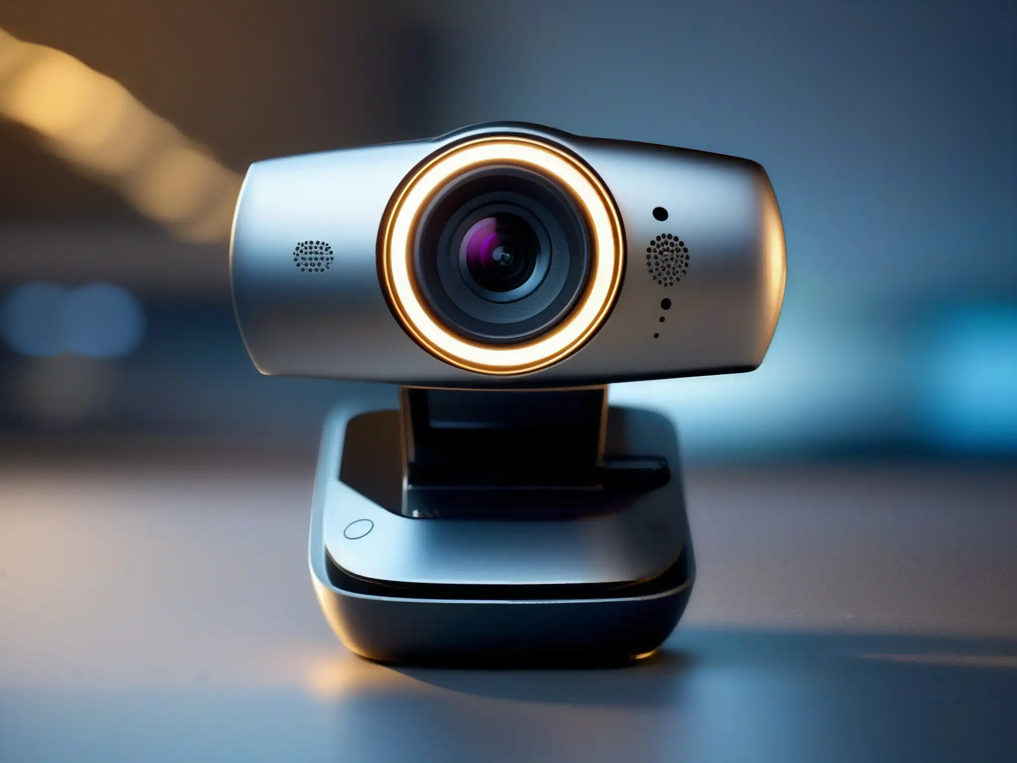 Detalles ultradetallados de moderno equipo de webcam y micrófono Detalle de una moderna webcam y micrófono, mostrando su diseño sofisticado y la vulnerabilidad de seguridad