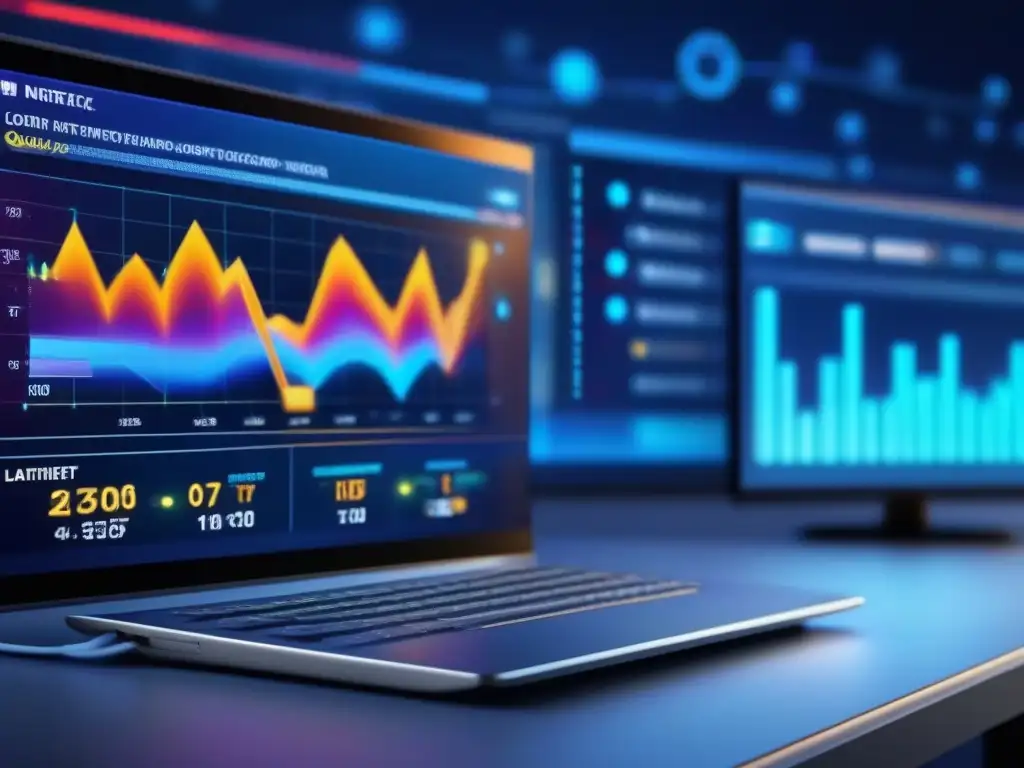Herramienta de diagnóstico de red: gráficos detallados y datos en tiempo real Detalle de pantalla de computadora con herramienta de diagnóstico de red mostrando gráficos detallados y visualizaciones de datos en tiempo real sobre velocidad de conexión, latencia y pérdida de paquetes, resaltando la importancia de la calidad de conexión a internet para el aprendizaje virtual