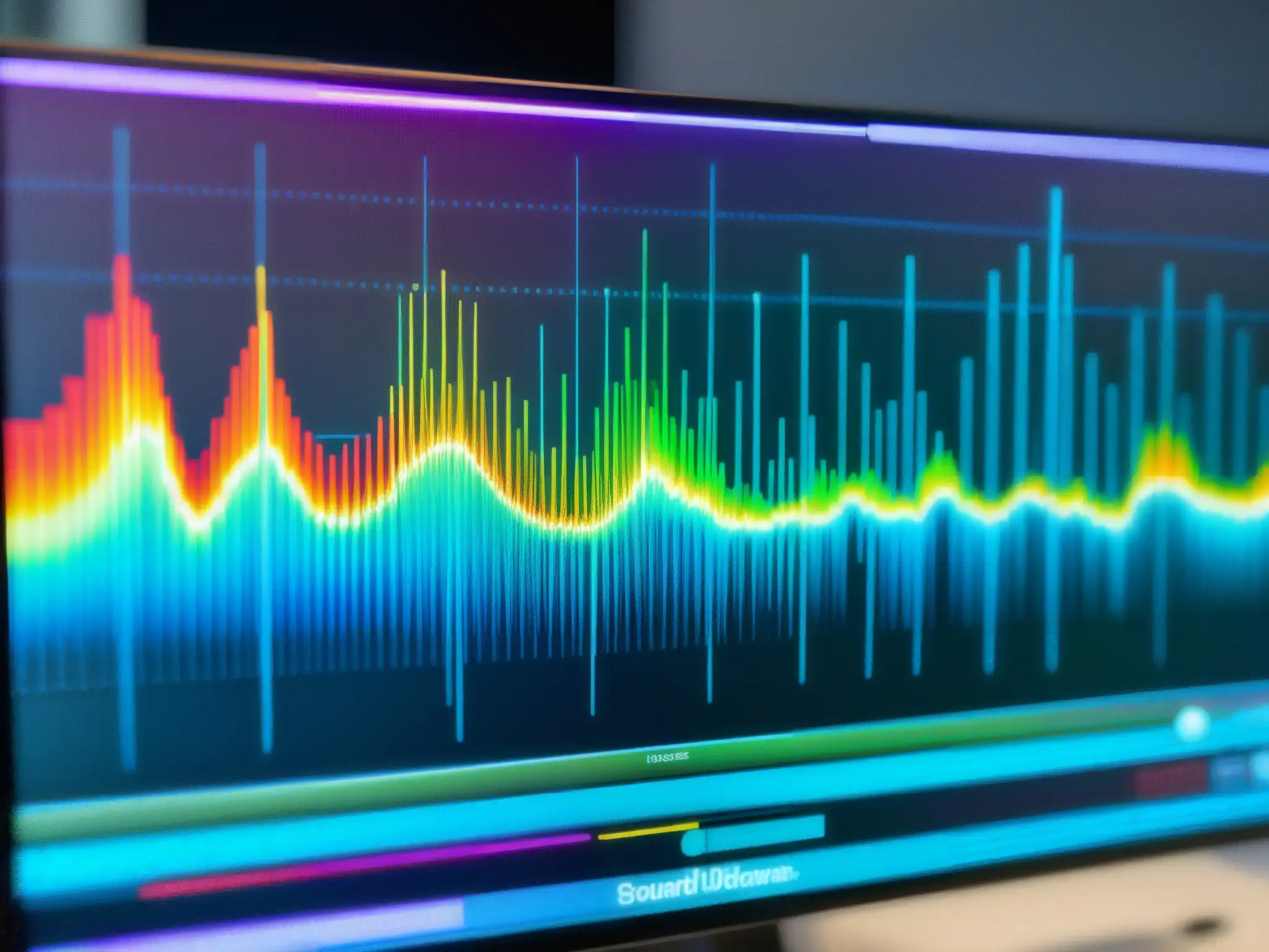 Análisis detallado de calidad de audio en videollamadas Detalle ultrapreciso de onda de sonido en monitor de alta resolución, con análisis de calidad de audio en videoconferencia