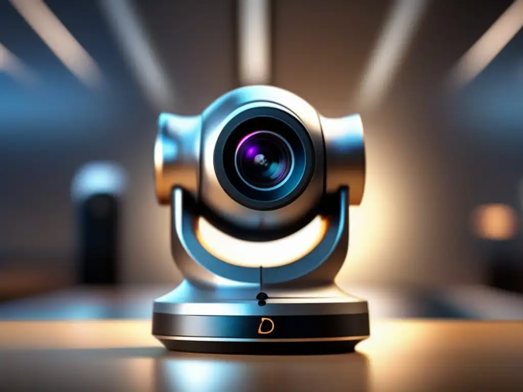 Cámara de videoconferencia de diseño moderno y detallado Detalle de cámara de videoconferencias moderna y elegante, resaltando su diseño y seguridad en proveedores de nube