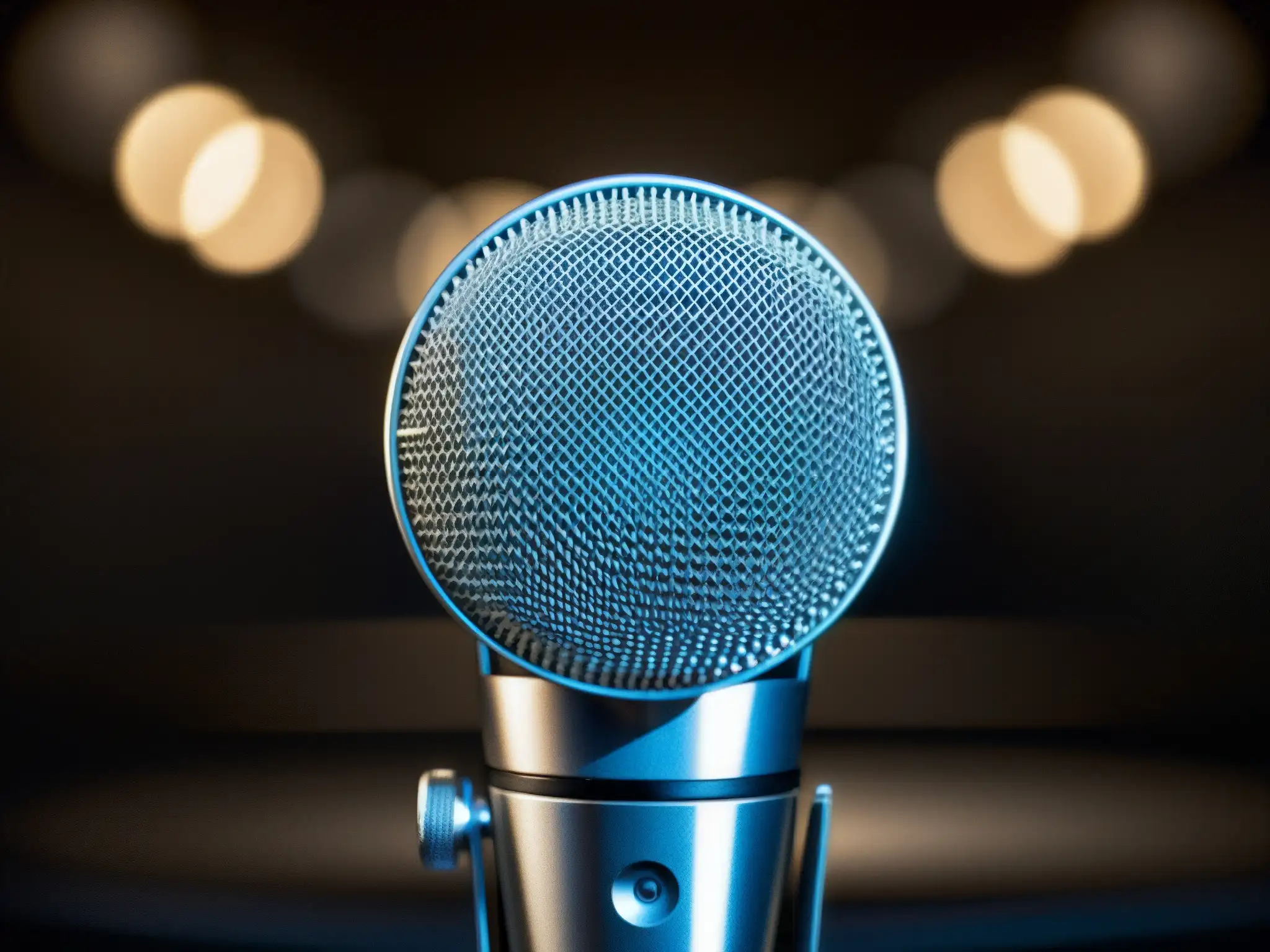 Micro profesional de alta resolución: detalle metálico y luces del estudio Detalles metálicos del micrófono profesional con patrón de malla y reflejos de luces del estudio