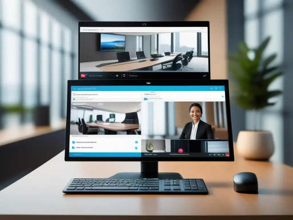 Setup de videoconferencia ultradetallado Detalles modernos de videoconferencia profesional con cámara web, pantallas de alta resolución y escritorio elegante