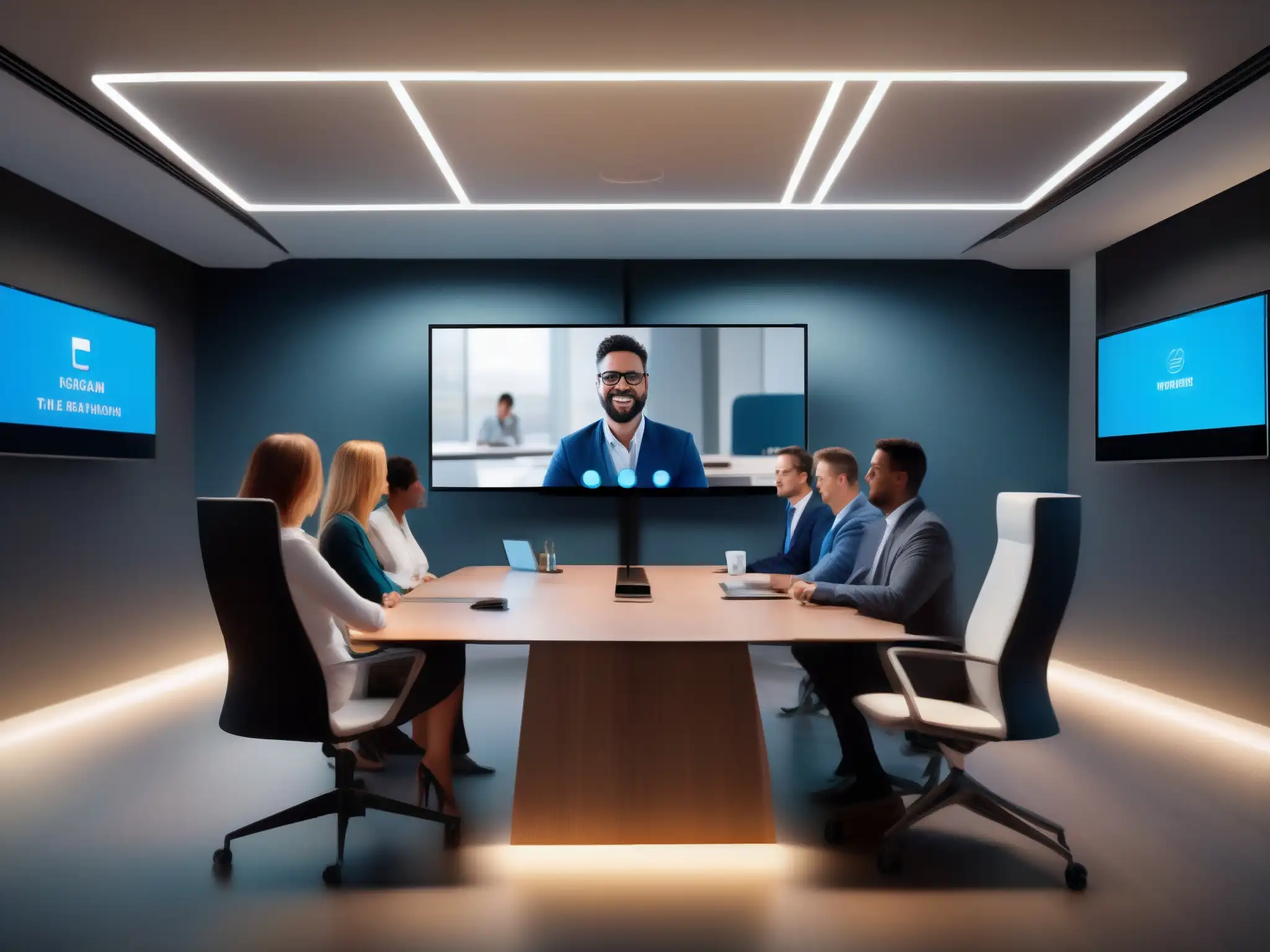 Conferencia virtual con tecnología de fondo avanzada Detección de fondo en videoconferencias: Sala moderna con tecnología avanzada y persona en videoconferencia con fondo virtual