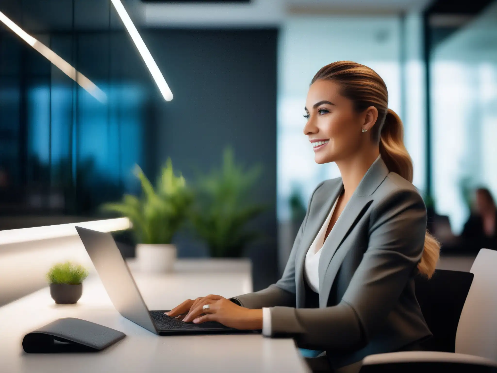 Conferencia virtual en espacio moderno y natural Detección de fondo en videoconferencias: Profesional concentrada en moderna oficina, participa en reunión virtual con confianza y estilo contemporáneo