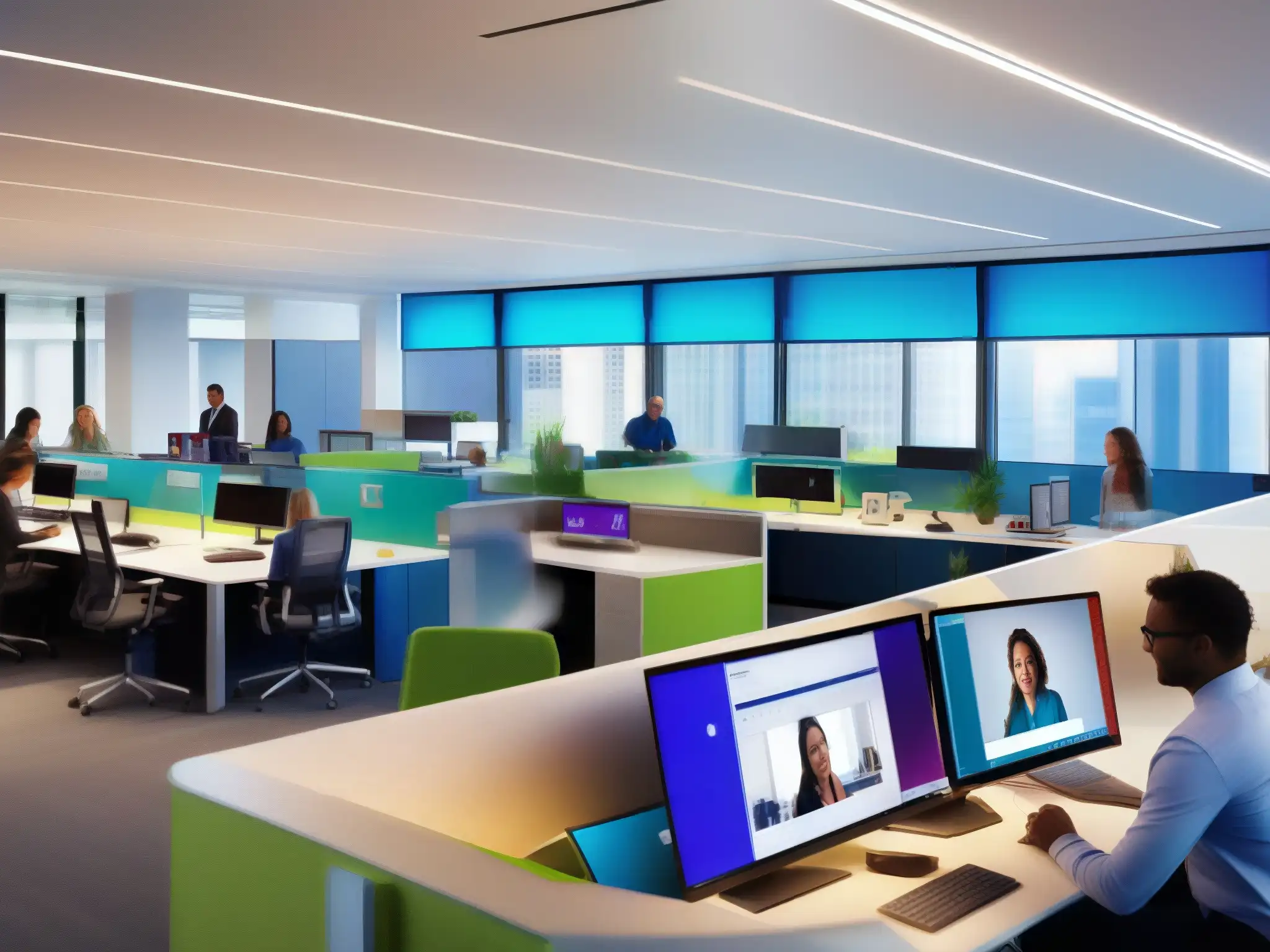 Oficina dinámica con Microsoft Teams Diferencias entre Skype for Business y Microsoft Teams: Moderna oficina corporativa con colaboración dinámica y tecnología avanzada