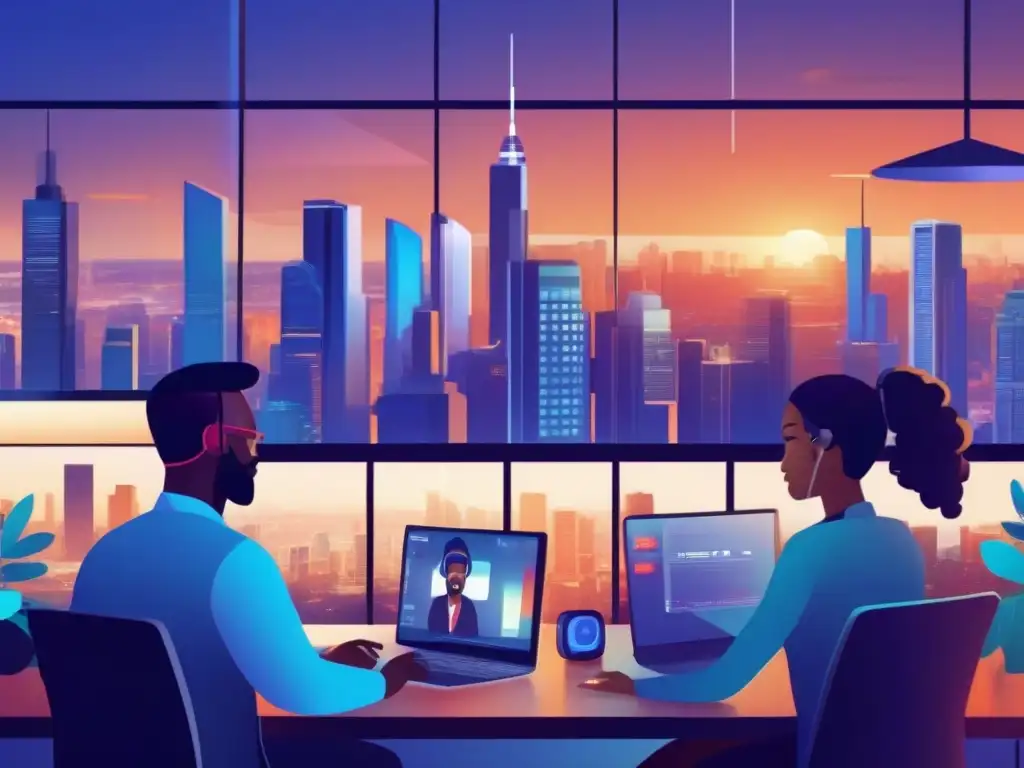 Equipo global virtual: colaboración moderna y eficiente Dinámica de equipos distribuidos: Profesionales colaborando en proyecto virtual desde hogares, integrando tecnología y alcance global