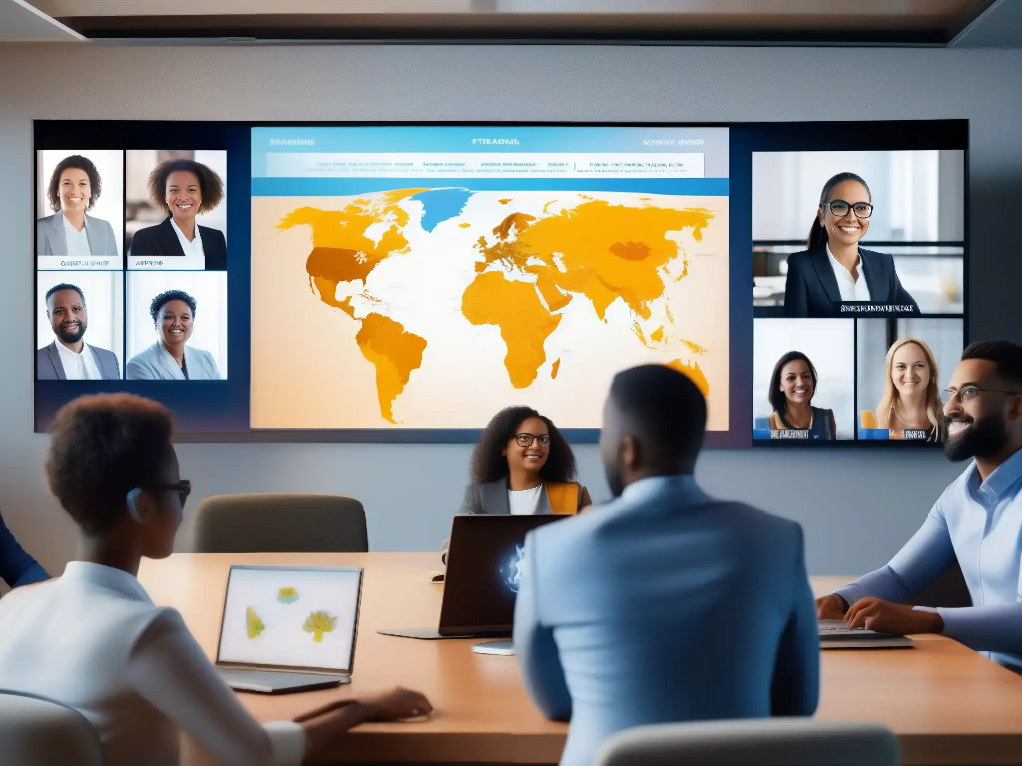 Reunión virtual global de profesionales Dinámica de equipos distribuidos: Profesionales diversos participan en una reunión virtual global, mostrando compromiso y conexión