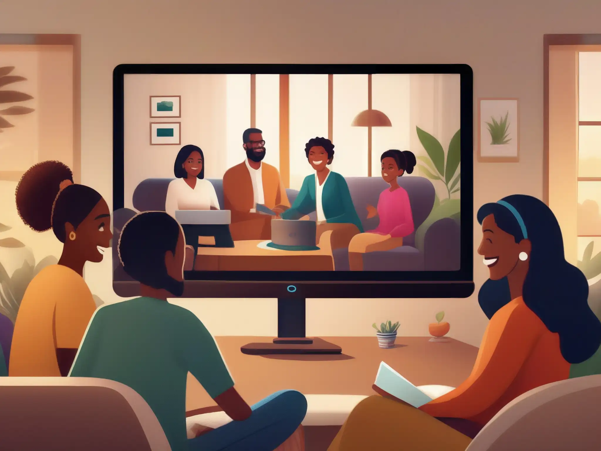 Reunión familiar virtual llena de conexión y alegría Dinámica familiar en videoconferencias: Familia multigeneracional disfruta de una reunión virtual, sonriendo y compartiendo momentos significativos