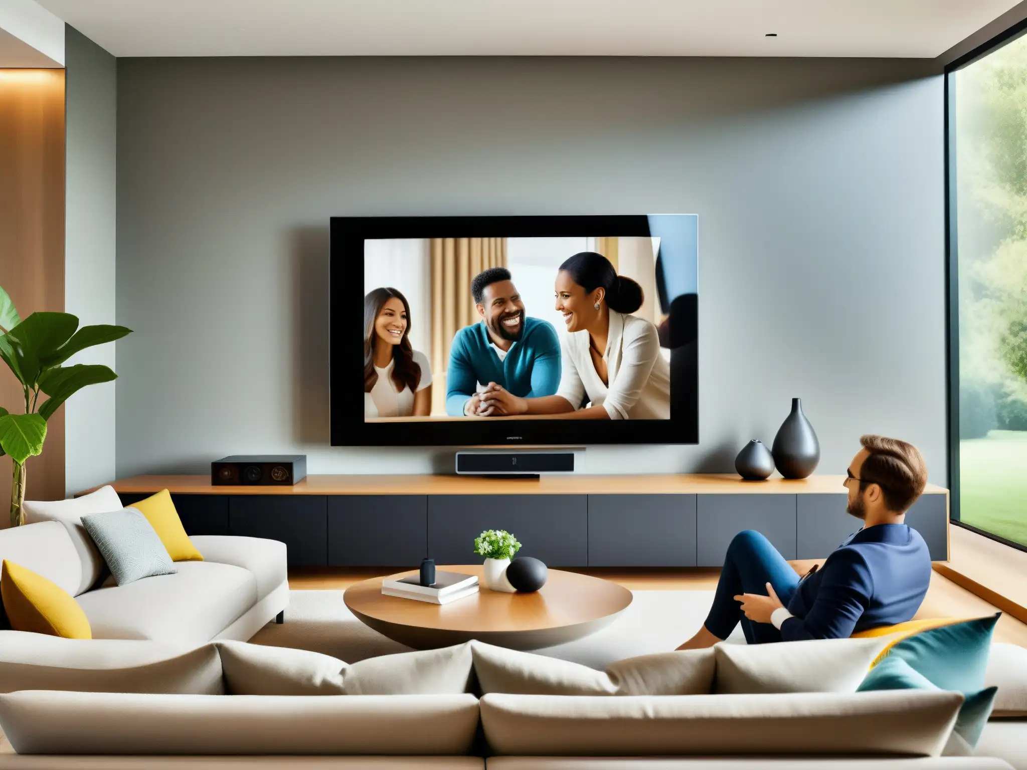 Salón moderno: familia conectada en videoconferencia Dinámica familiar en videoconferencias: Sala moderna con familia interactuando cómodamente en pantalla de TV, creando un ambiente cálido y conectado