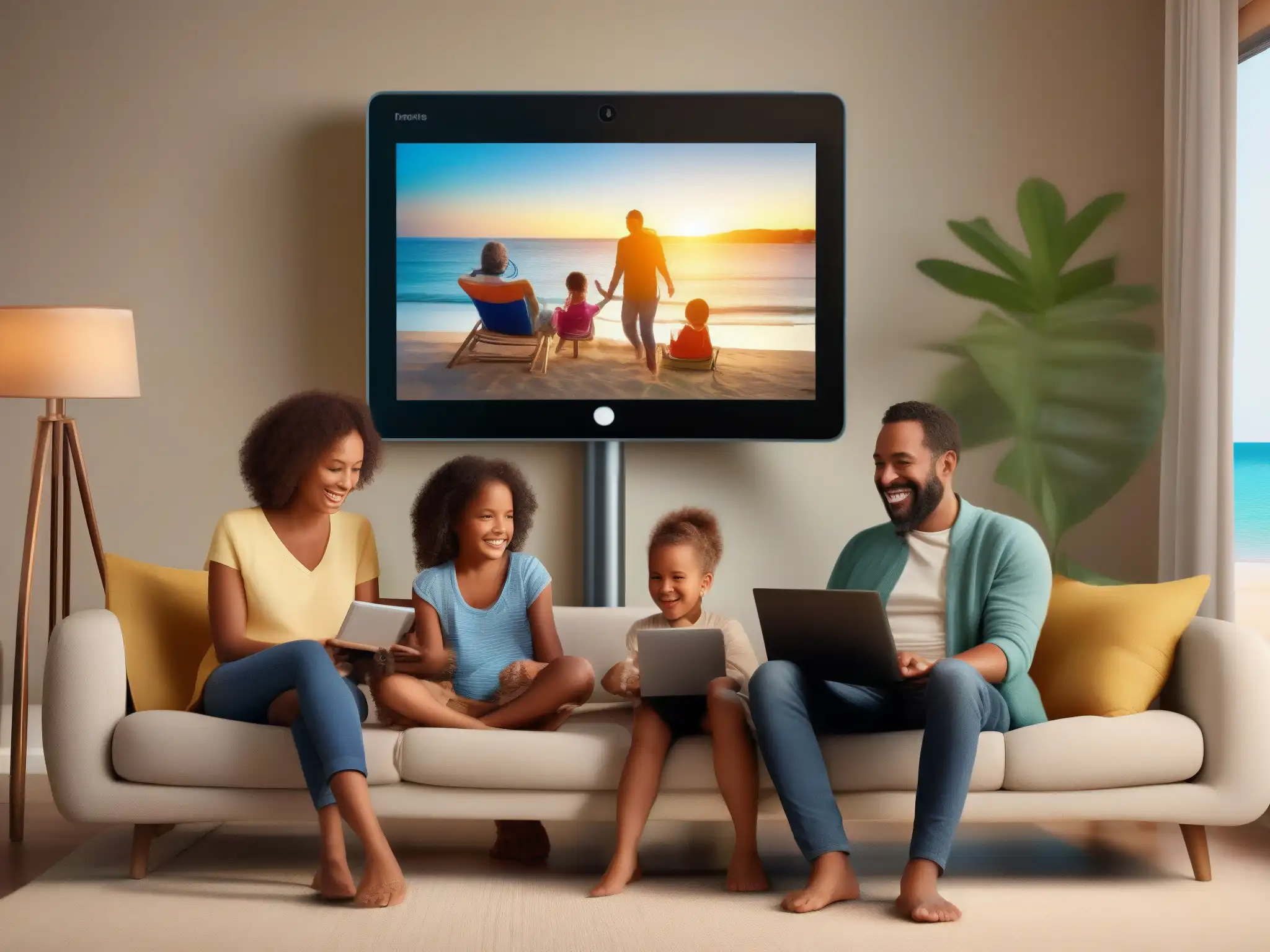 Reunión familiar virtual en sala acogedora Dinámica familiar en videoconferencias: Una familia feliz interactuando en una sala acogedora con una hermosa decoración moderna, disfrutando de una videollamada con expresiones cálidas y sonrientes