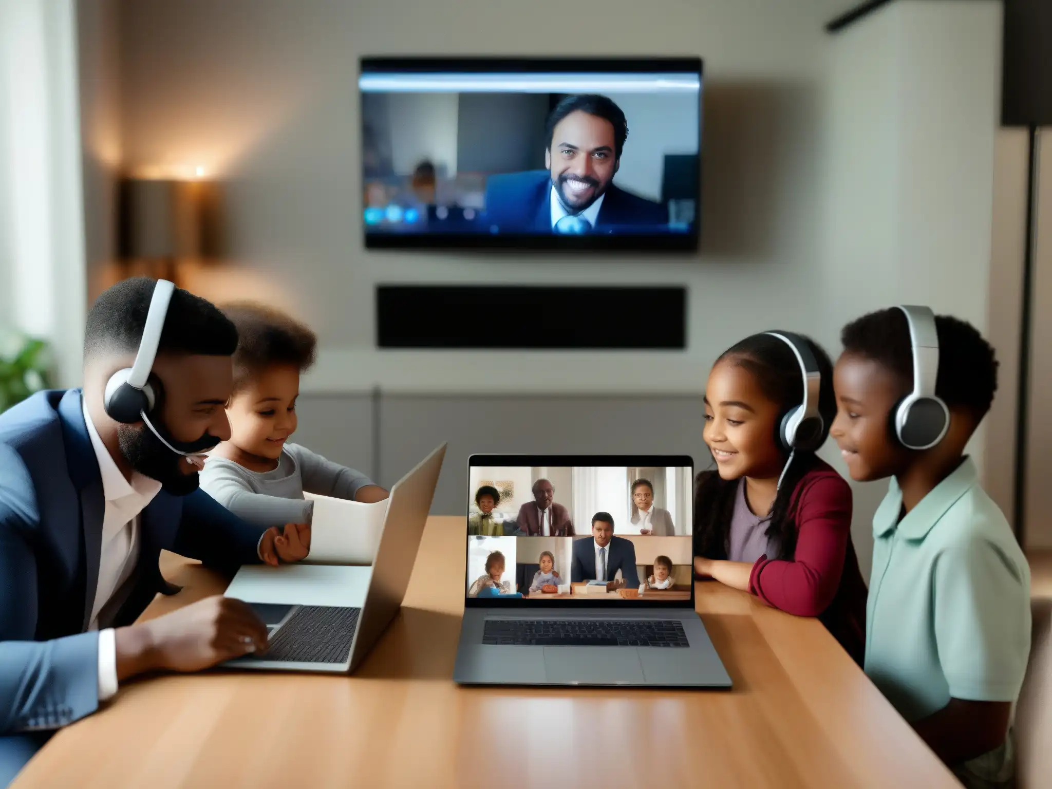 “Desconexión digital en la mesa familiar” Dinámica familiar en videoconferencias: La familia interactúa con dispositivos electrónicos alrededor de la mesa, sumergidos en pantallas en una habitación moderna y luminosa