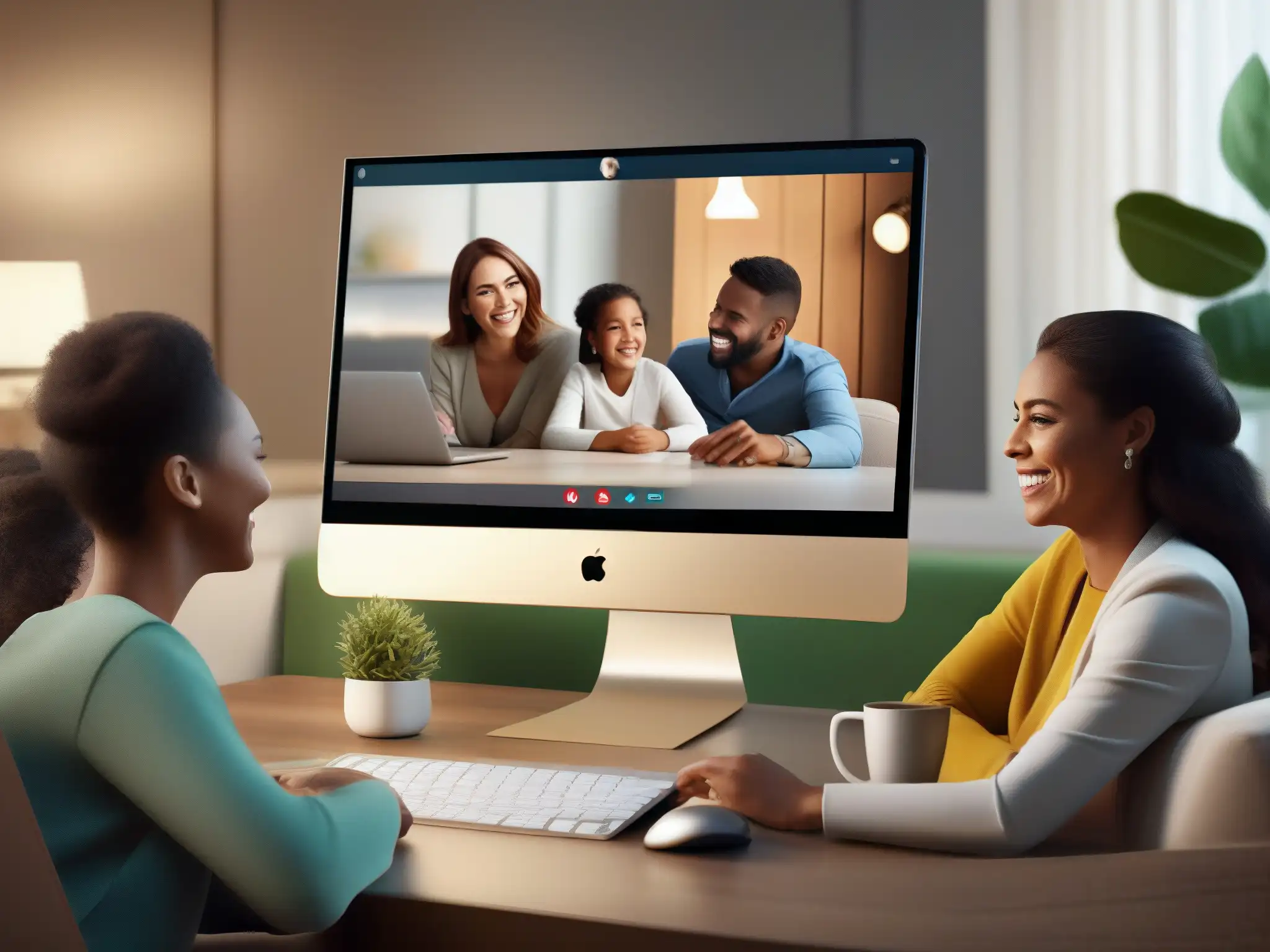 Reunión familiar en videoconferencia: conexión y alegría Dinámica familiar en videoconferencias: Una familia sonriente interactúa en una llamada de video, transmitiendo un ambiente positivo y conexión