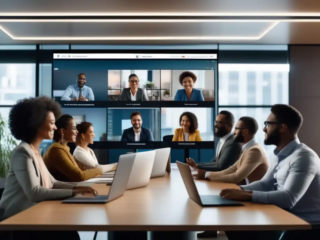 Equipo remoto en videoconferencia: dinámica comunicación Dinámica del feedback en videoconferencias: Equipo remoto participativo y comunicativo en una oficina moderna con luz natural