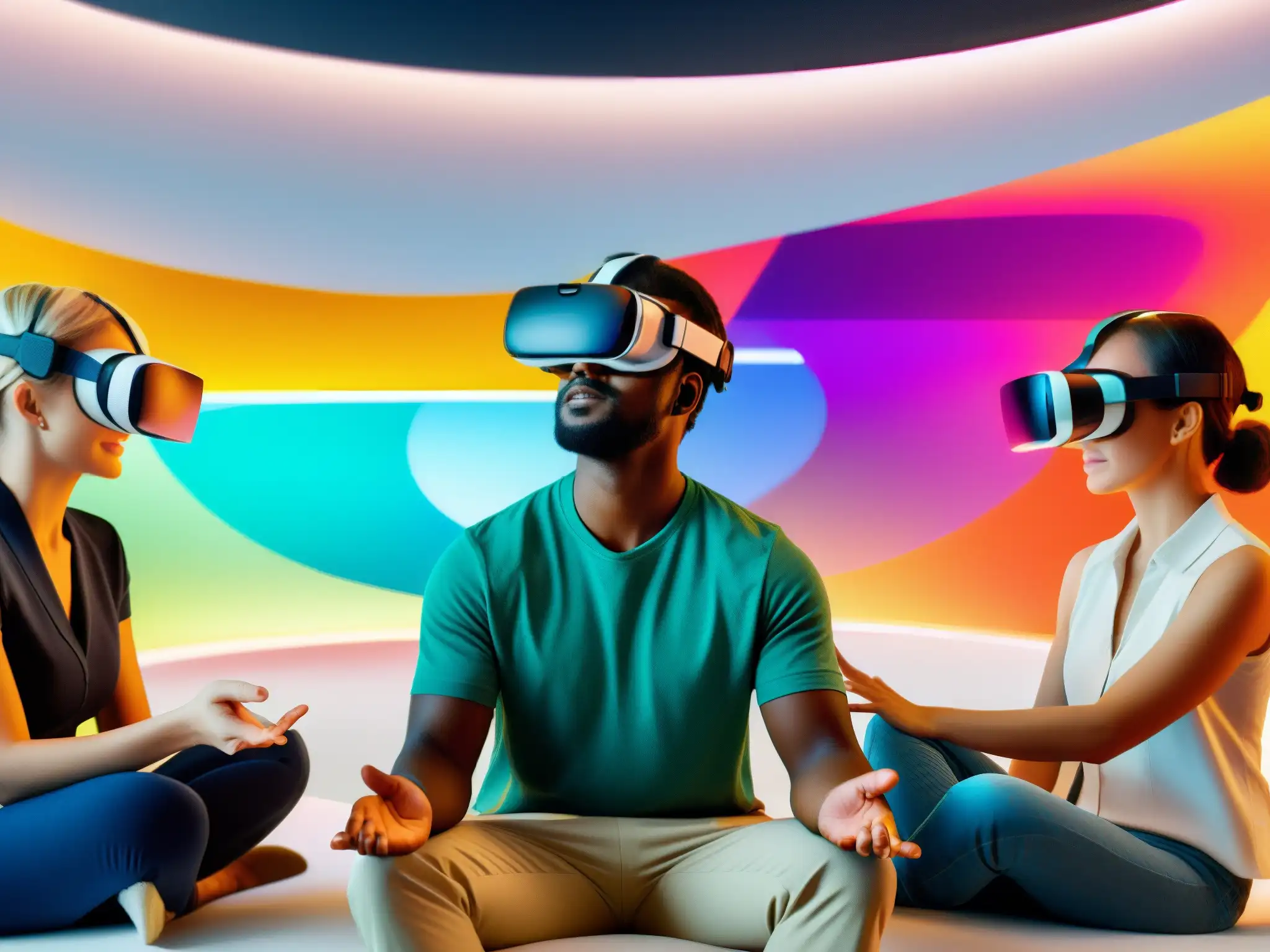 Interacción en Realidad Virtual: Potencial en Videoconferencias Dinámica de grupo en videoconferencias: Profesionales usando VR interactúan en un entorno virtual colorido, contrastando con la oficina moderna