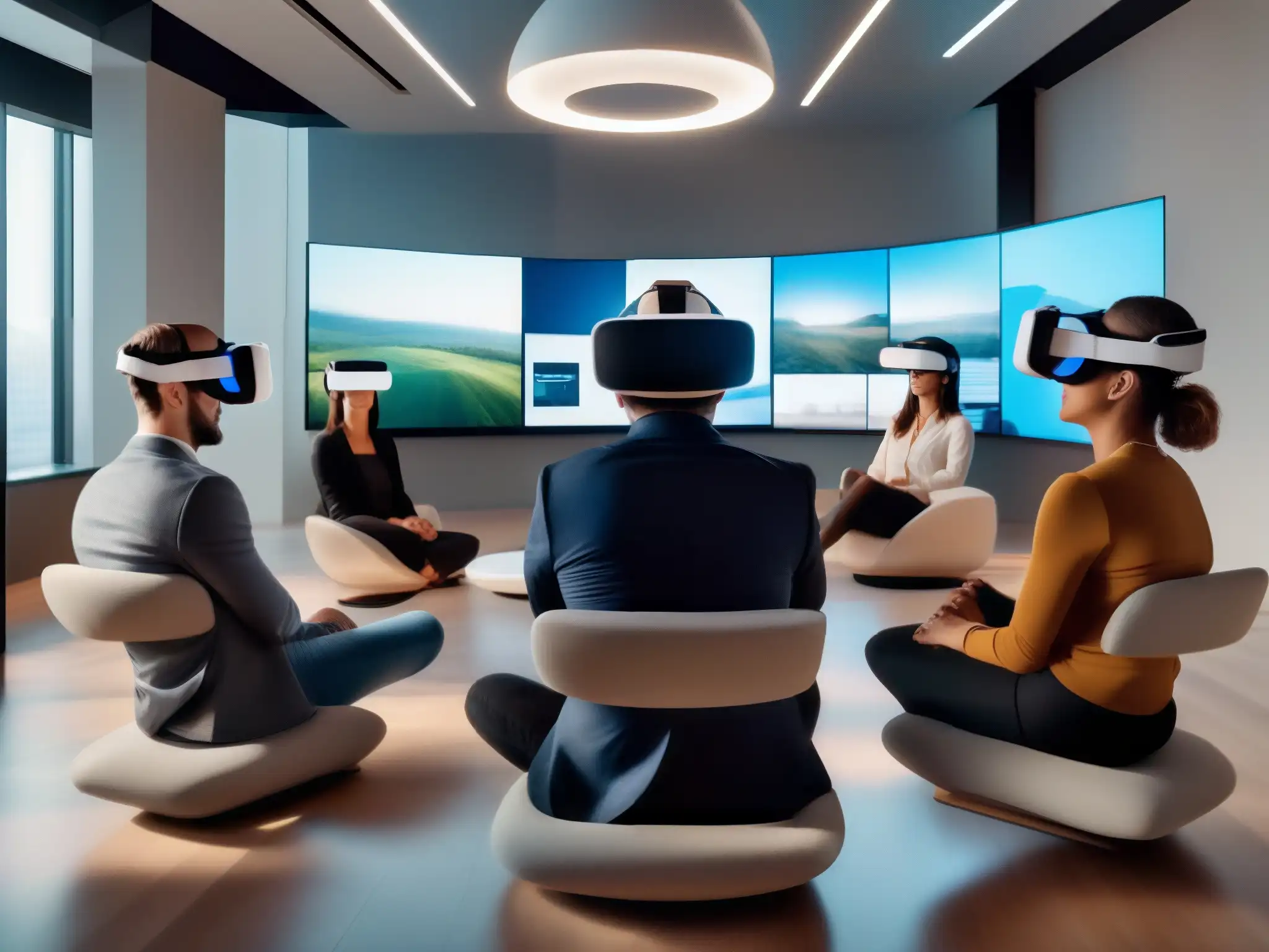 Reunión virtual con VR: integración profesional Dinámica de grupo en videoconferencias: Profesionales con VR interactúan con contenido virtual en sala moderna y luminosa