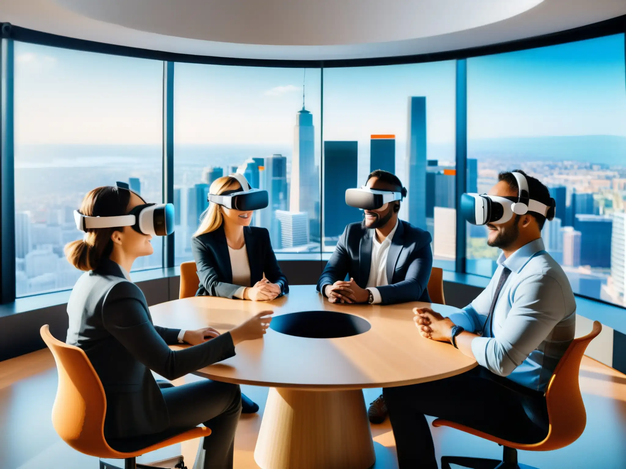 Profesionales colaboran con entusiasmo en conferencia de realidad virtual Dinámica de grupo en videoconferencias: profesionales colaborando con entusiasmo en un entorno moderno de realidad virtual