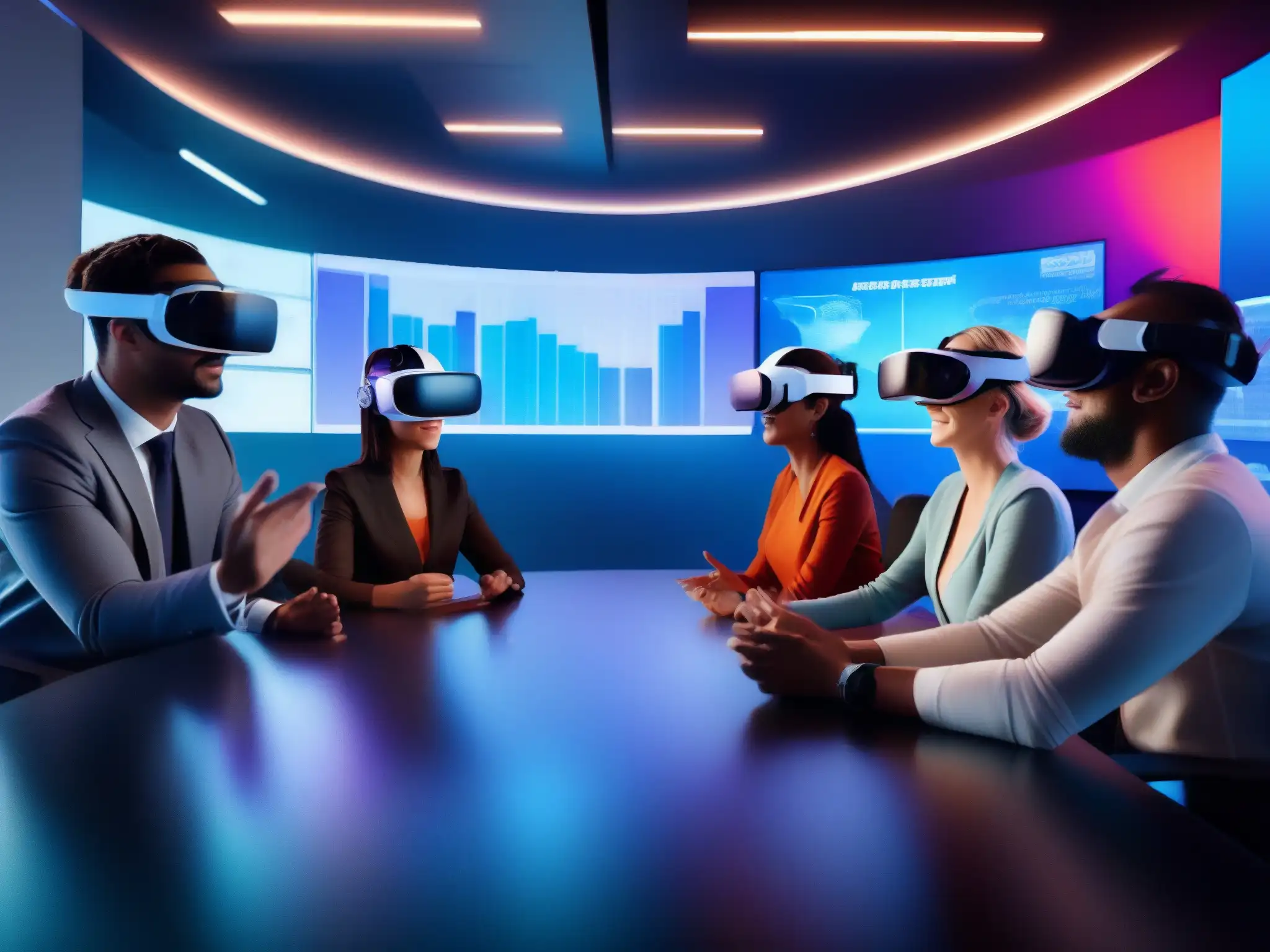 Reunión virtual con profesionales en ambiente futurista Dinámica de grupo en videoconferencias: Profesionales en reunión virtual con gráficos y pantallas interactivas, gestos y discusión animada