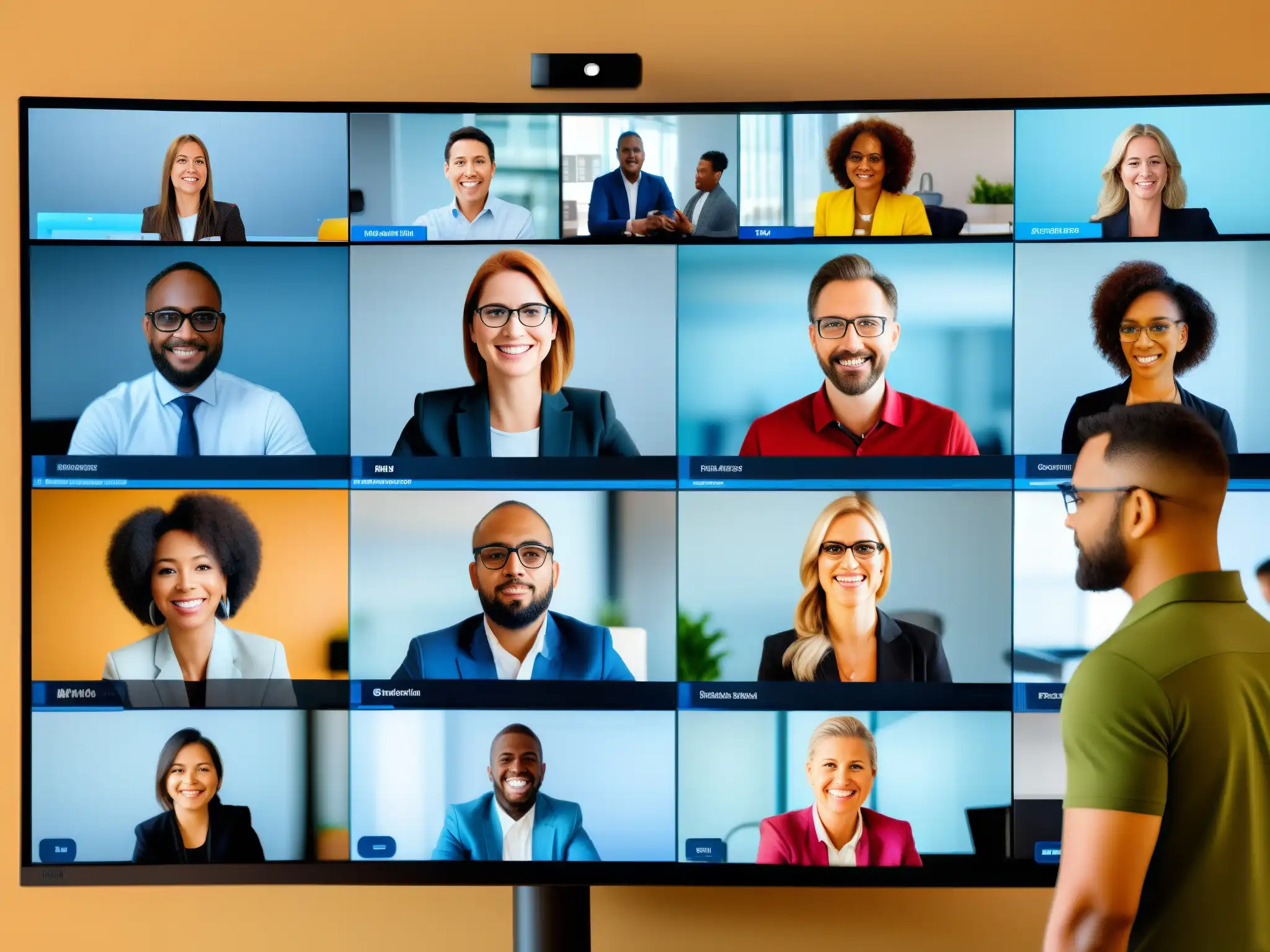 Equipo virtual: Colaboración en acción Dinámicas colaborativas para videoconferencias: Equipo virtual participando en ejercicio colaborativo con entusiasmo y eficacia